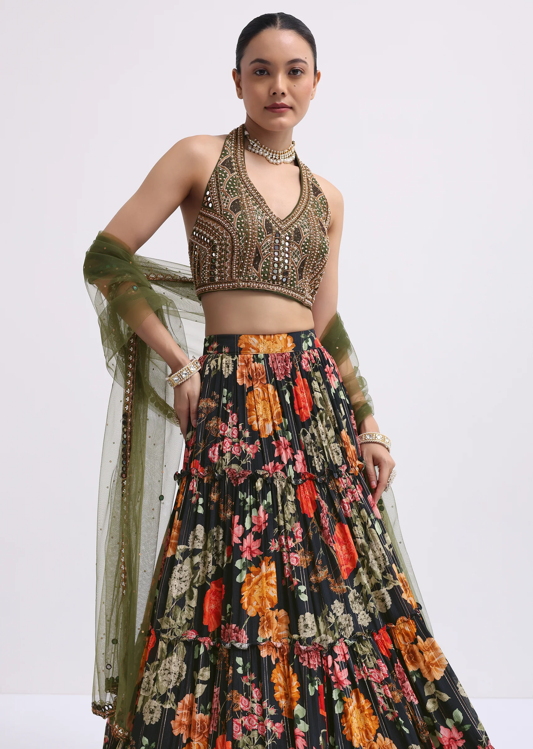 Timeless Floral Couple Set – Black Floral Printed Silk Lehenga Choli For Her And Black Silk Kurta Set With Resham Embroidery For Him - Image 3