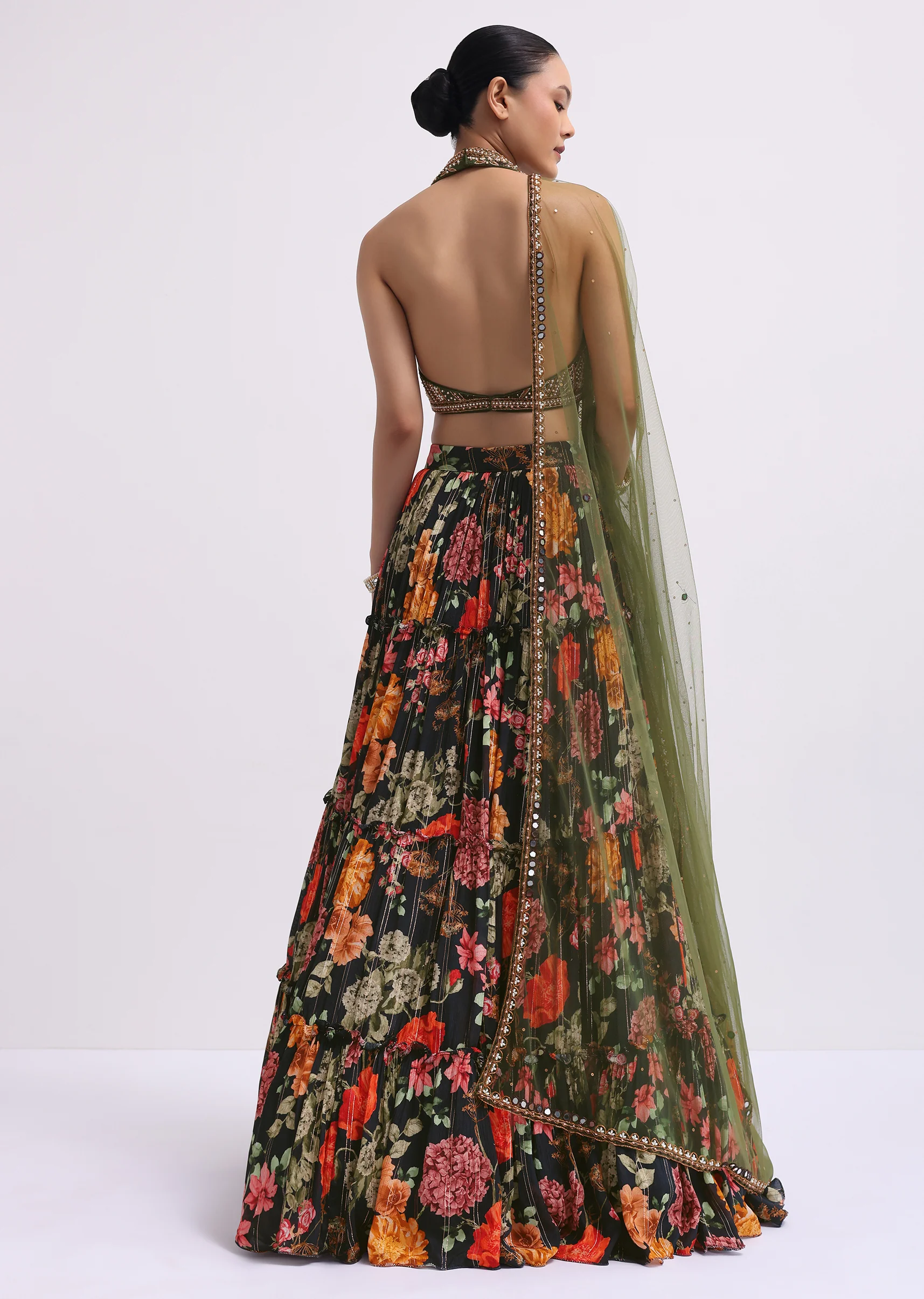 Timeless Floral Couple Set – Black Floral Printed Silk Lehenga Choli For Her And Black Silk Kurta Set With Resham Embroidery For Him - Image 5