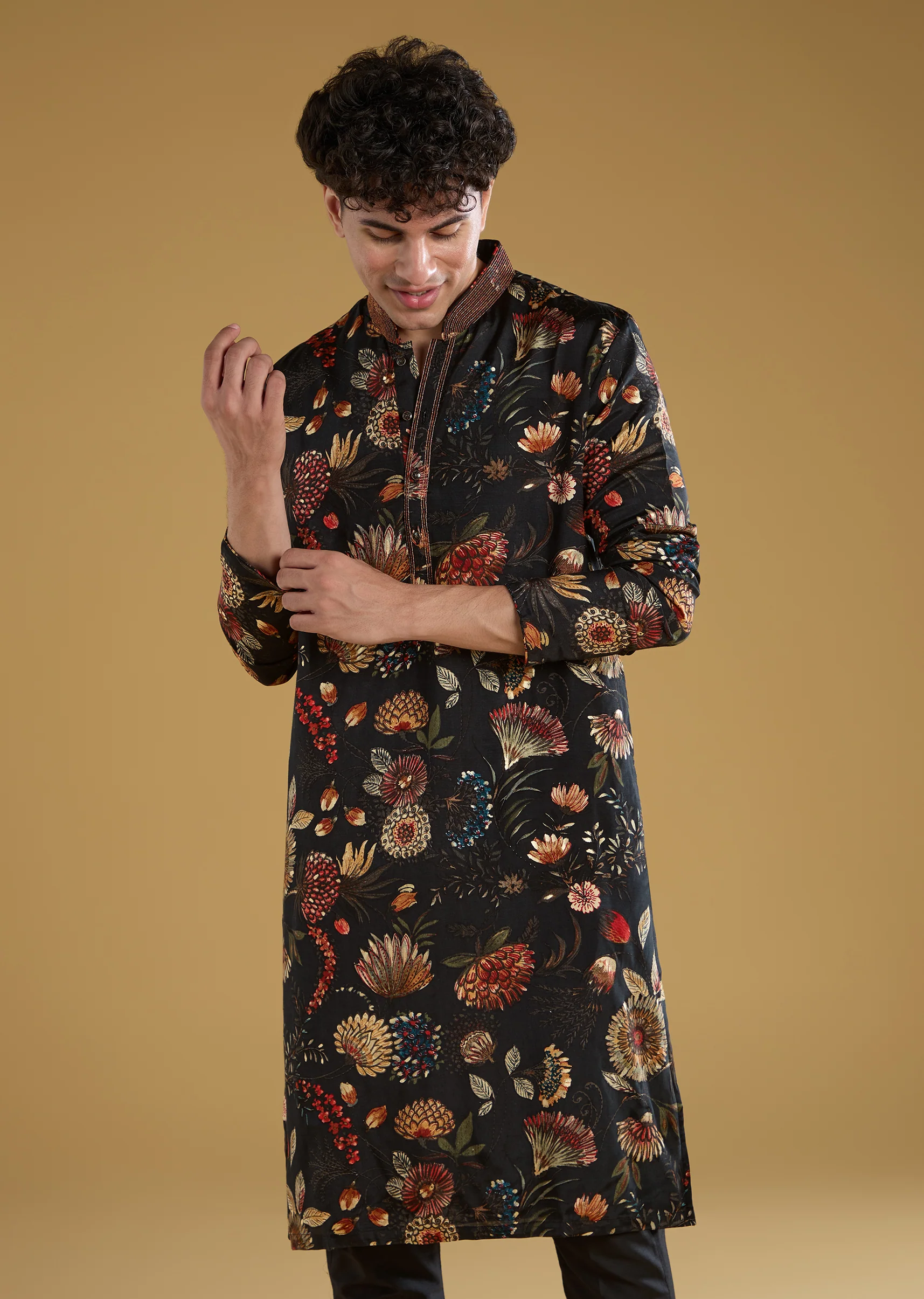 Timeless Floral Couple Set – Black Floral Printed Silk Lehenga Choli For Her And Black Silk Kurta Set With Resham Embroidery For Him - Image 6