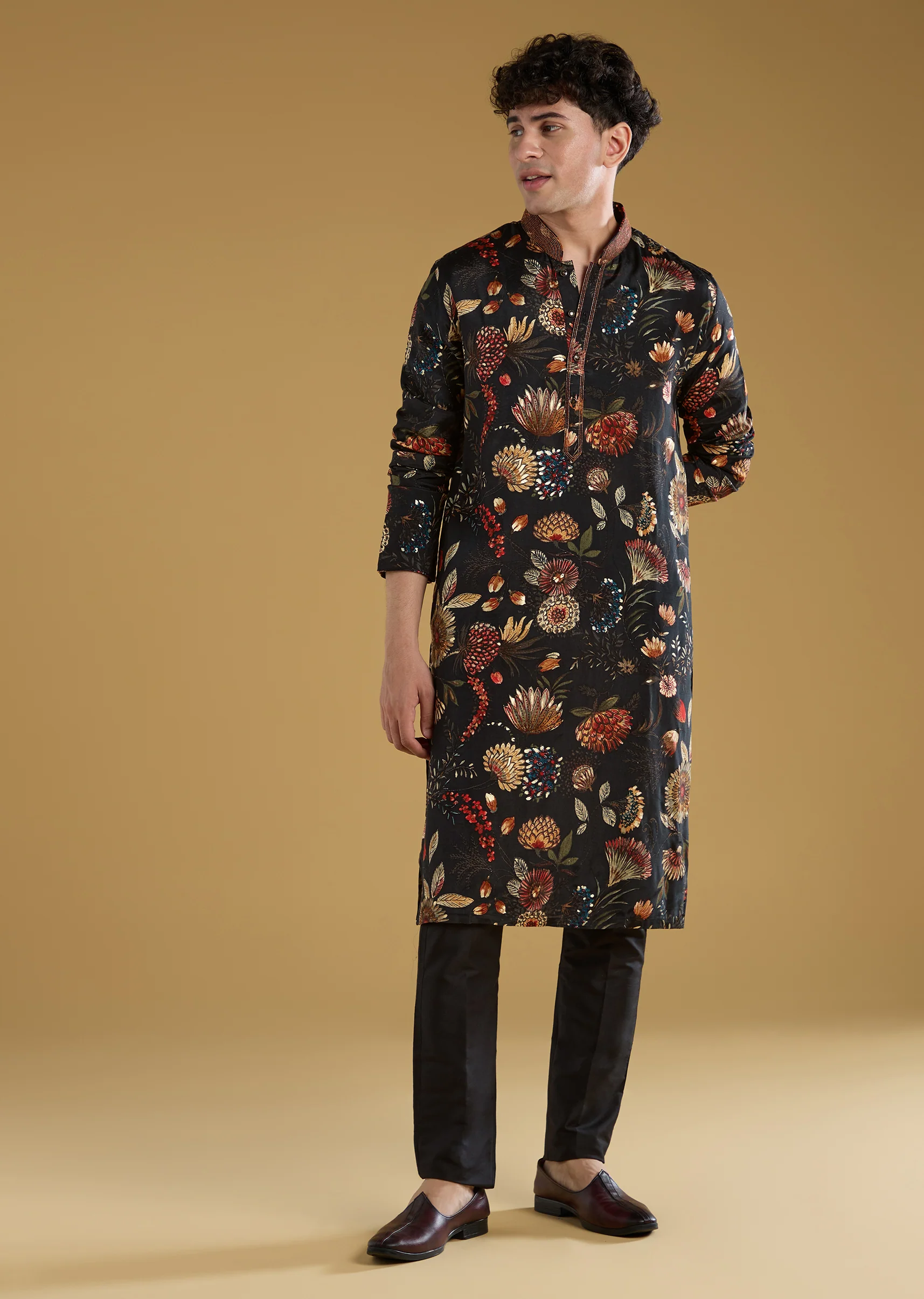 Timeless Floral Couple Set – Black Floral Printed Silk Lehenga Choli For Her And Black Silk Kurta Set With Resham Embroidery For Him - Image 7