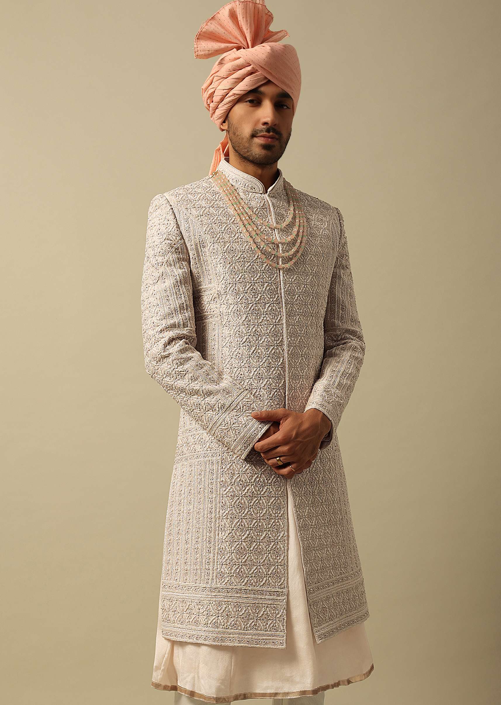 Timeless Peach Raw Silk Sherwani - Image 3