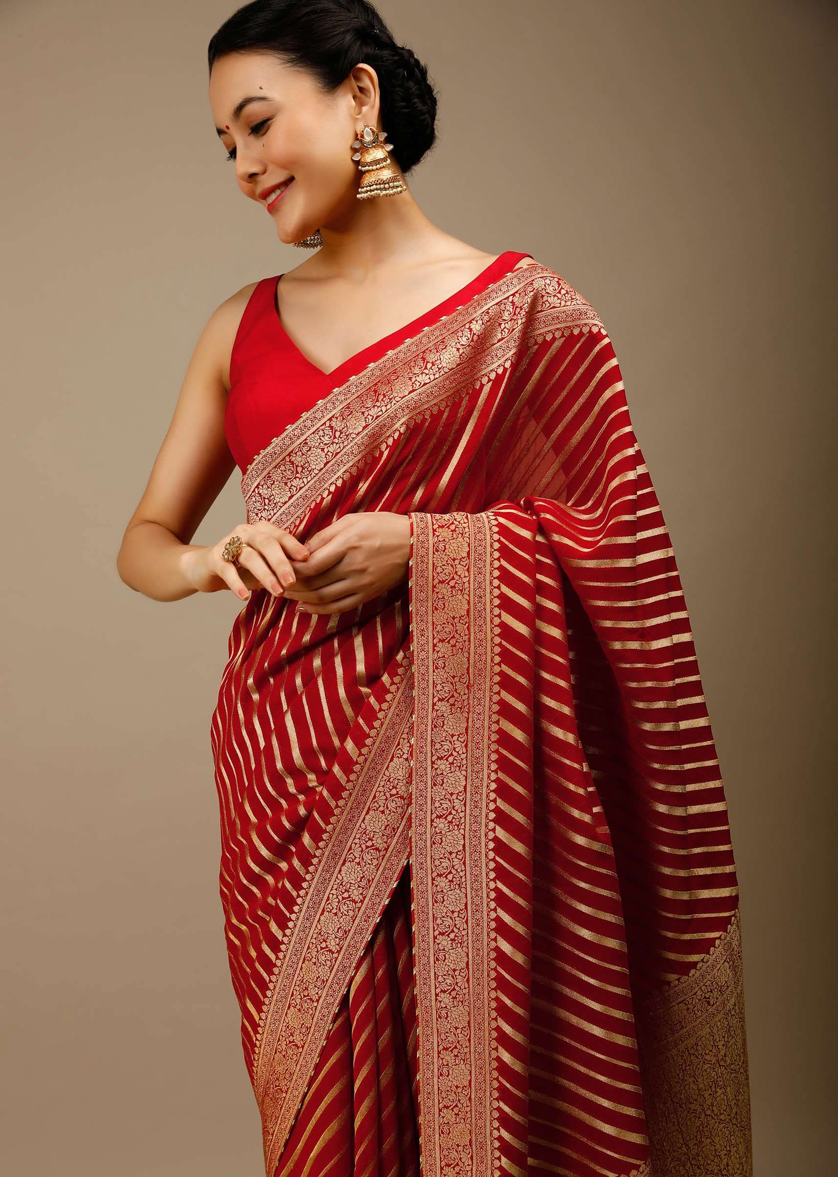 Tomato Red Saree In Georgette With Brocade Woven Diagonal Stripes And Floral Border - Image 2