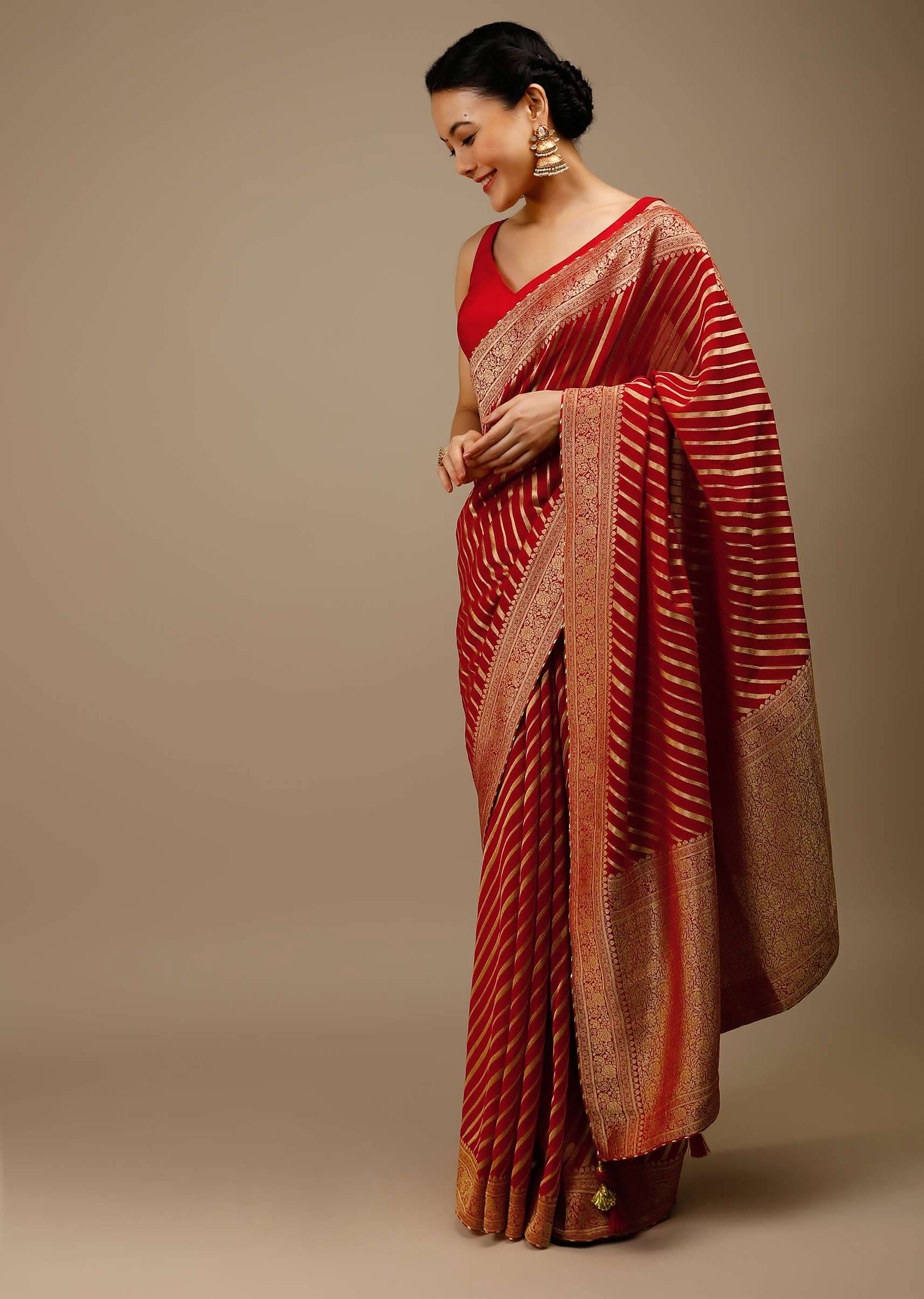 Tomato Red Saree In Georgette With Brocade Woven Diagonal Stripes And Floral Border - Image 3