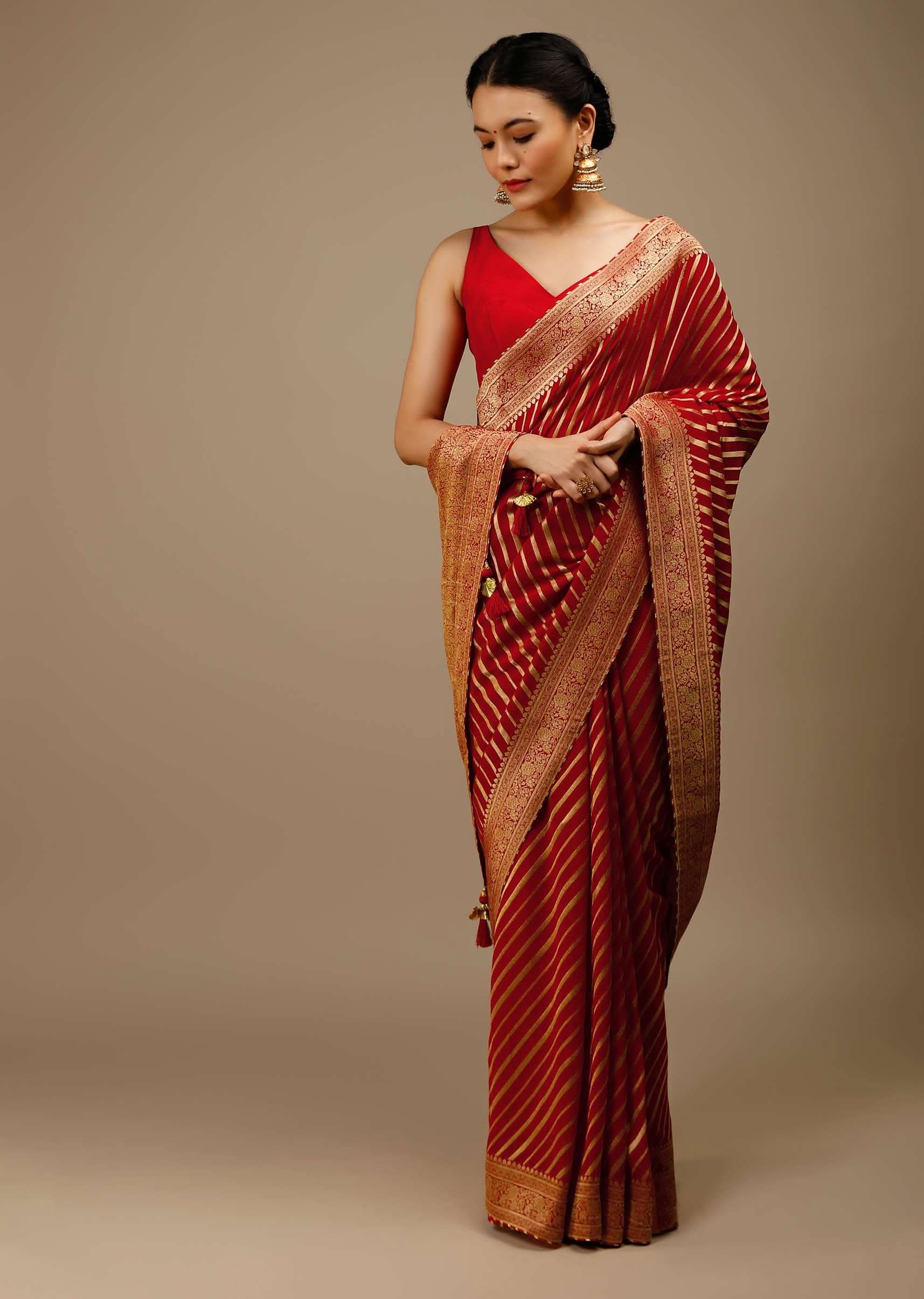 Tomato Red Saree In Georgette With Brocade Woven Diagonal Stripes And Floral Border - Image 5