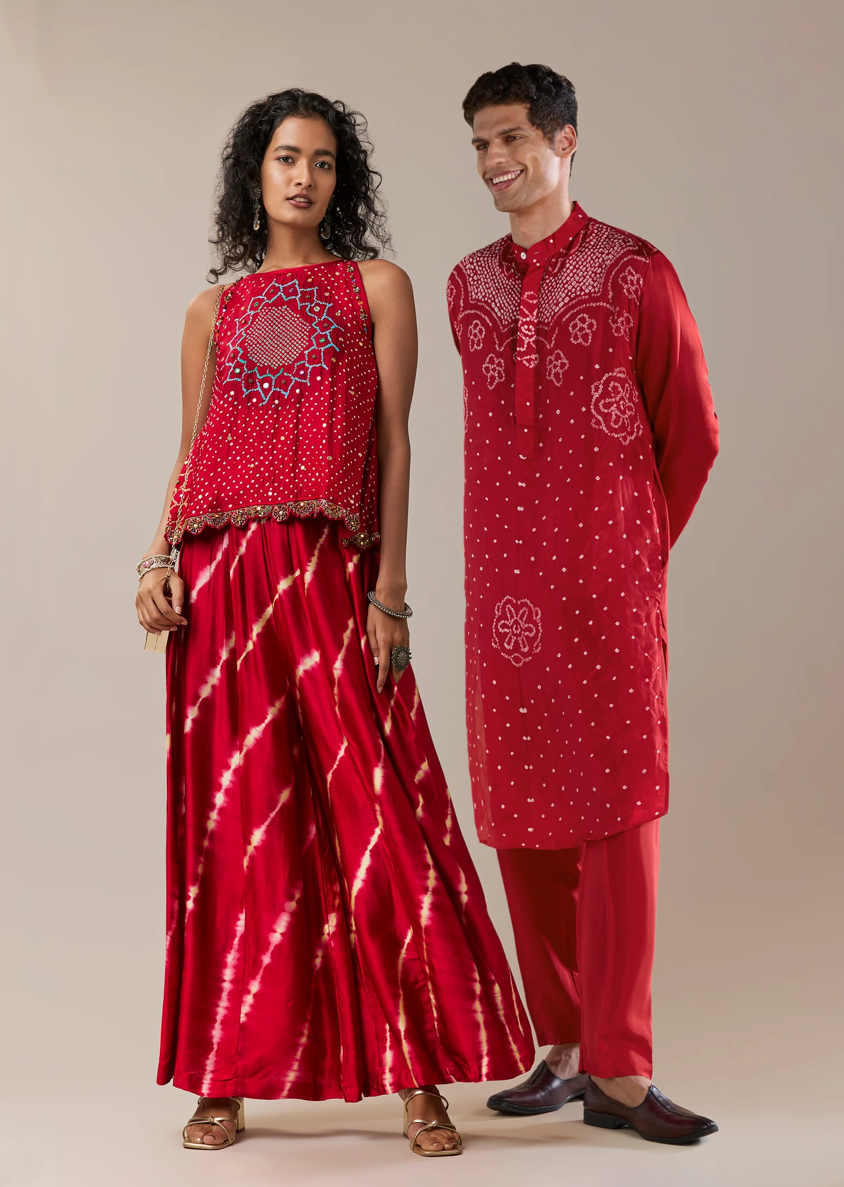 Traditional Bandhani Couple Set – Red Hand-Dyed Bandhani Co-Ord Set For Her And Red Pure Bandhani Silk Kurta Pant Set For Him