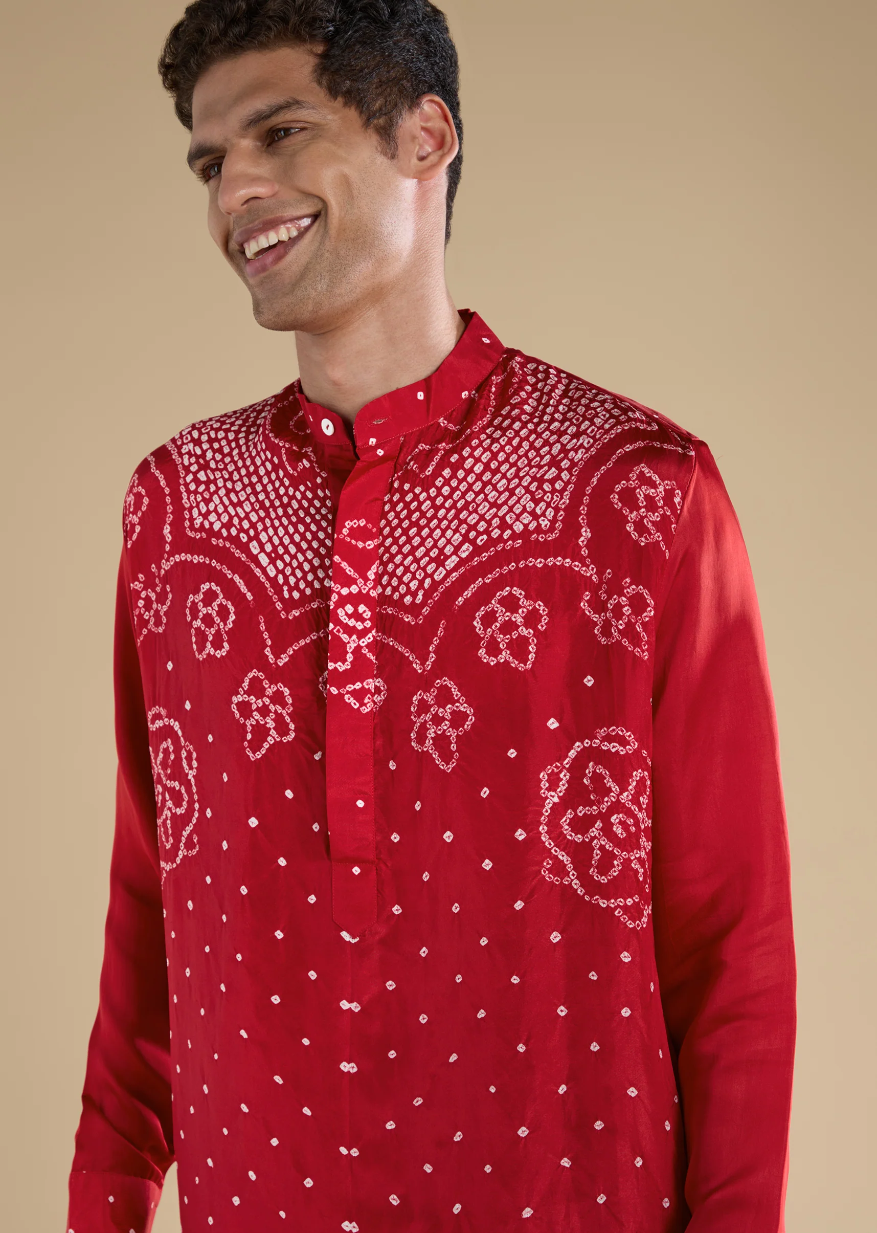 Traditional Bandhani Couple Set – Red Hand-Dyed Bandhani Co-Ord Set For Her And Red Pure Bandhani Silk Kurta Pant Set For Him - Image 6
