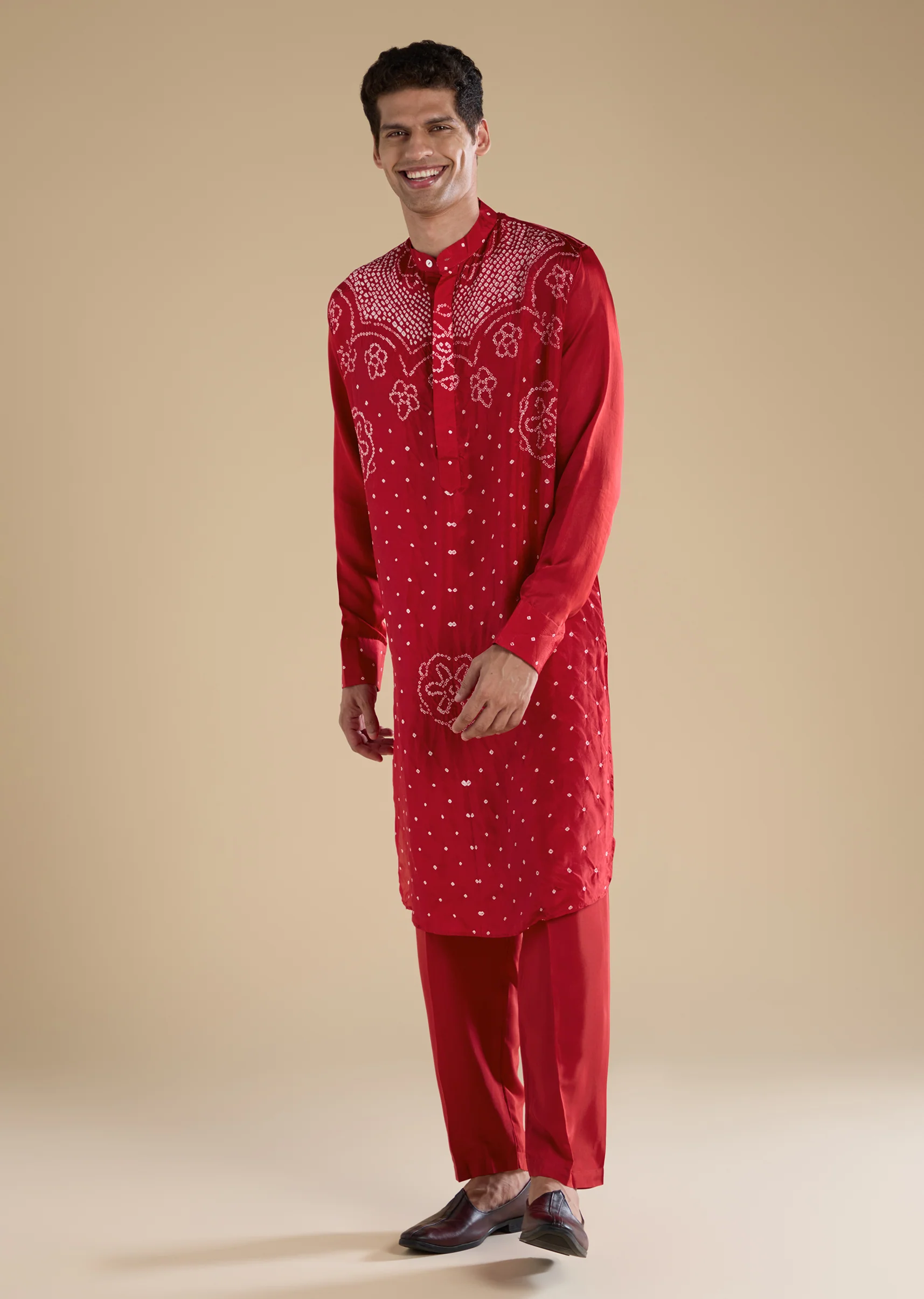 Traditional Bandhani Couple Set – Red Hand-Dyed Bandhani Co-Ord Set For Her And Red Pure Bandhani Silk Kurta Pant Set For Him - Image 7