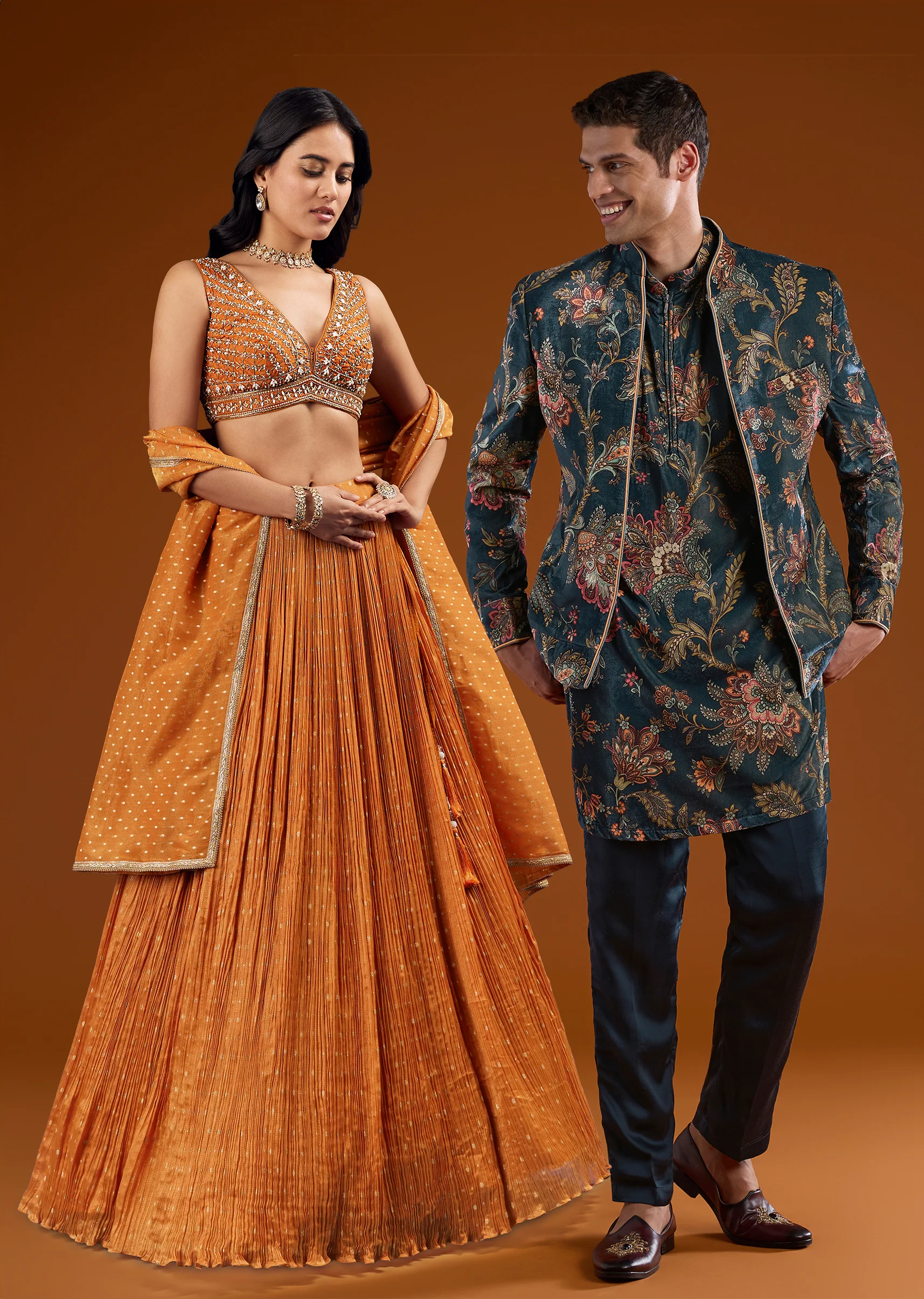 Traditional Luxe Couple Set – Banarasi Silk Lehenga for Her And Velvet Jodhpuri Kurta Set for Him