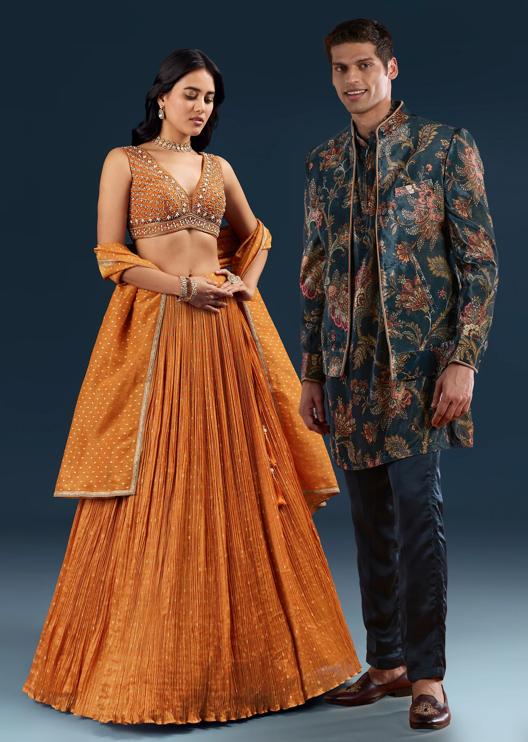 Traditional Luxe Couple Set – Banarasi Silk Lehenga for Her And Velvet Jodhpuri Kurta Set for Him - Image 2