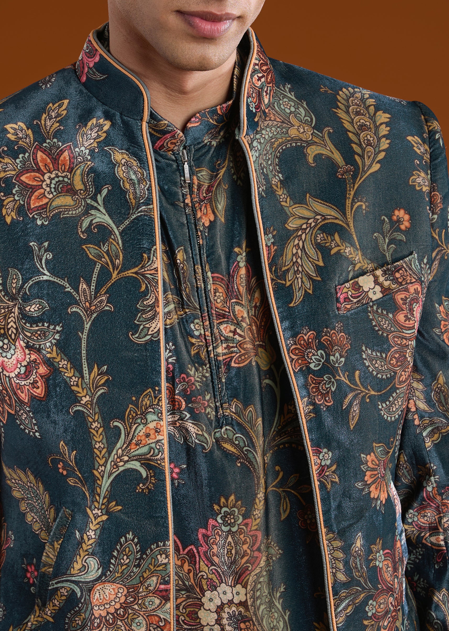 Traditional Luxe Couple Set – Banarasi Silk Lehenga for Her And Velvet Jodhpuri Kurta Set for Him - Image 5