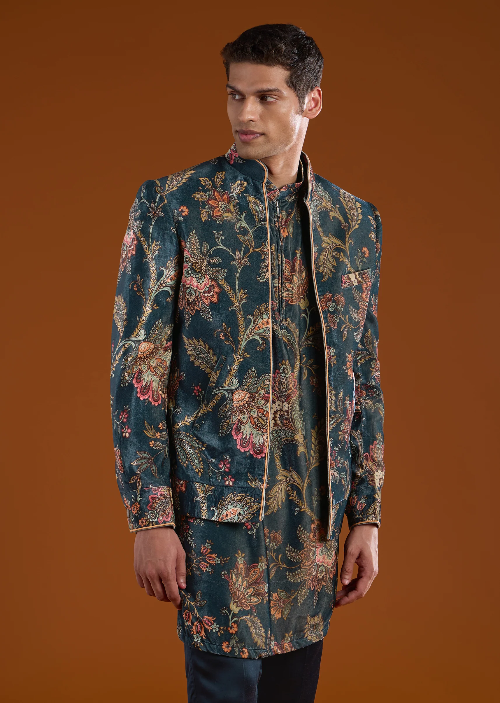 Traditional Luxe Couple Set – Banarasi Silk Lehenga for Her And Velvet Jodhpuri Kurta Set for Him - Image 6