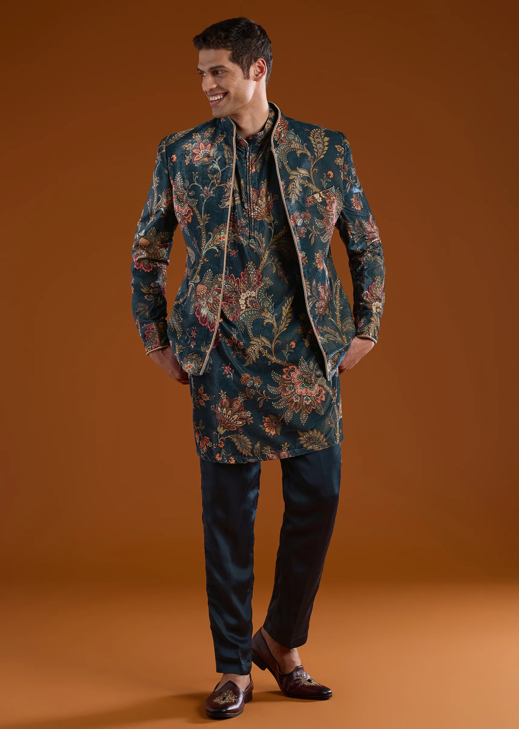 Traditional Luxe Couple Set – Banarasi Silk Lehenga for Her And Velvet Jodhpuri Kurta Set for Him - Image 8