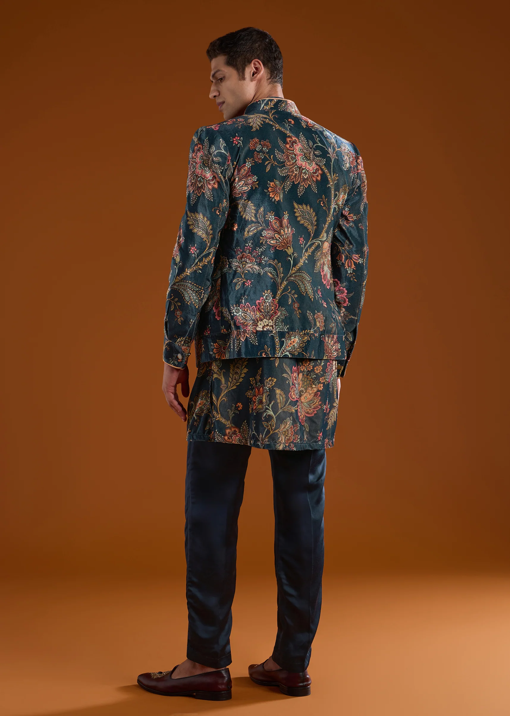 Traditional Luxe Couple Set – Banarasi Silk Lehenga for Her And Velvet Jodhpuri Kurta Set for Him - Image 9