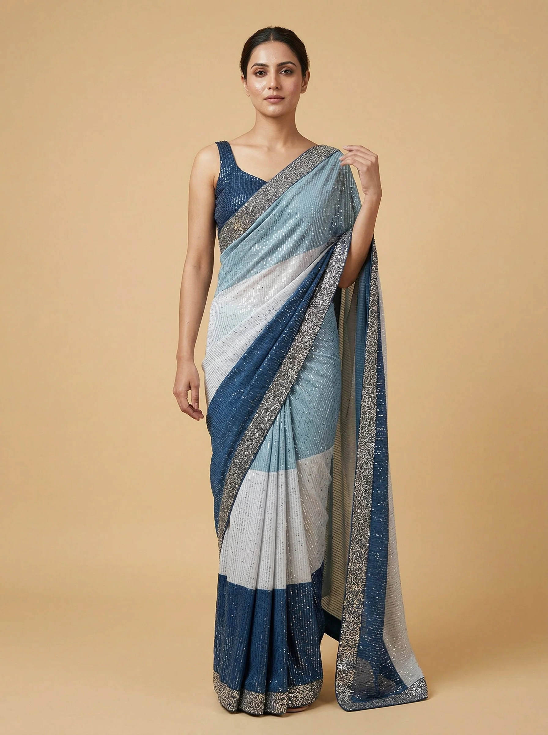 Tri Tone Beige Grey Blue Embroidered Saree