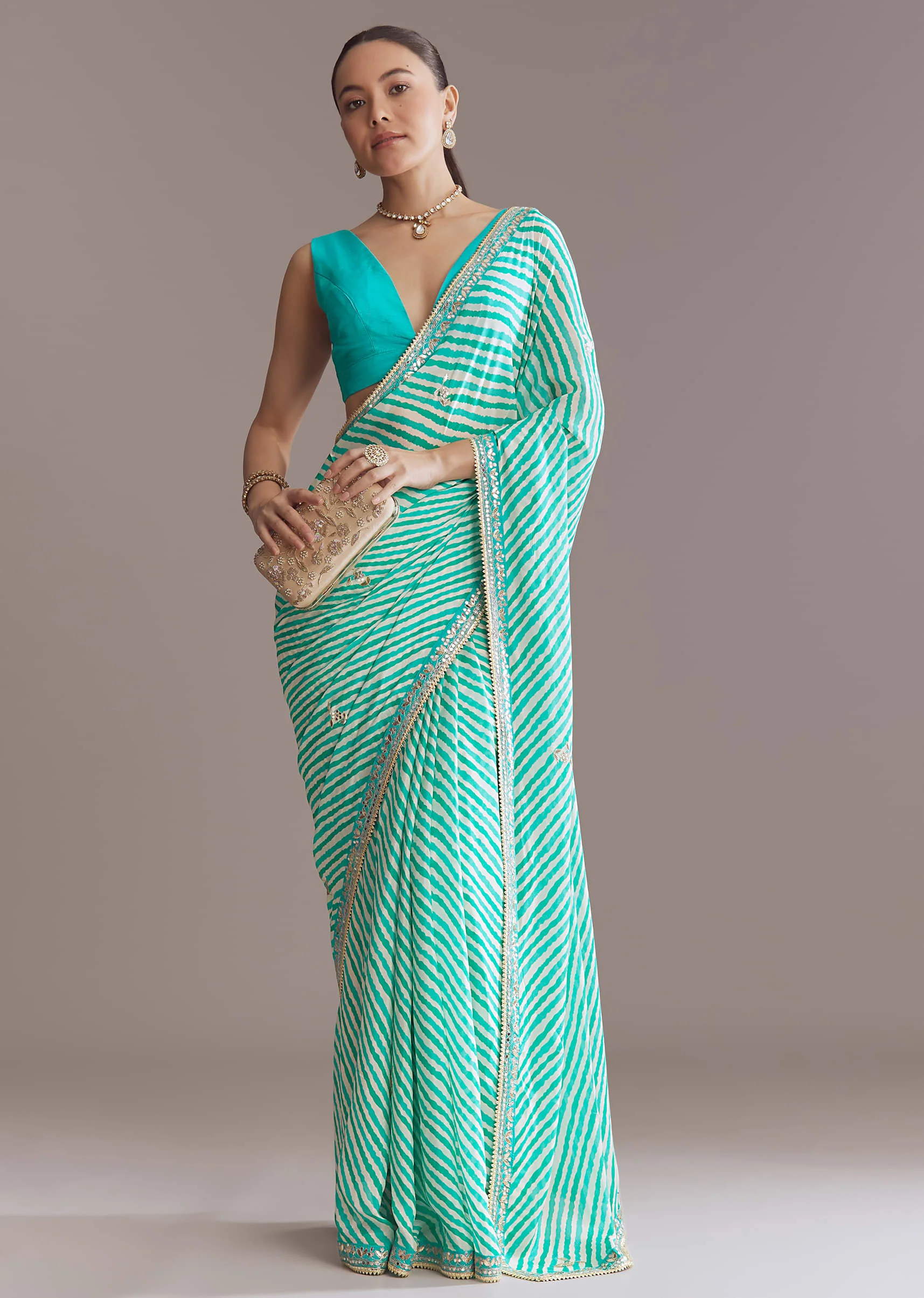Turquoise Blue Chinon Saree With Leheriya And Gota Work - Image 4