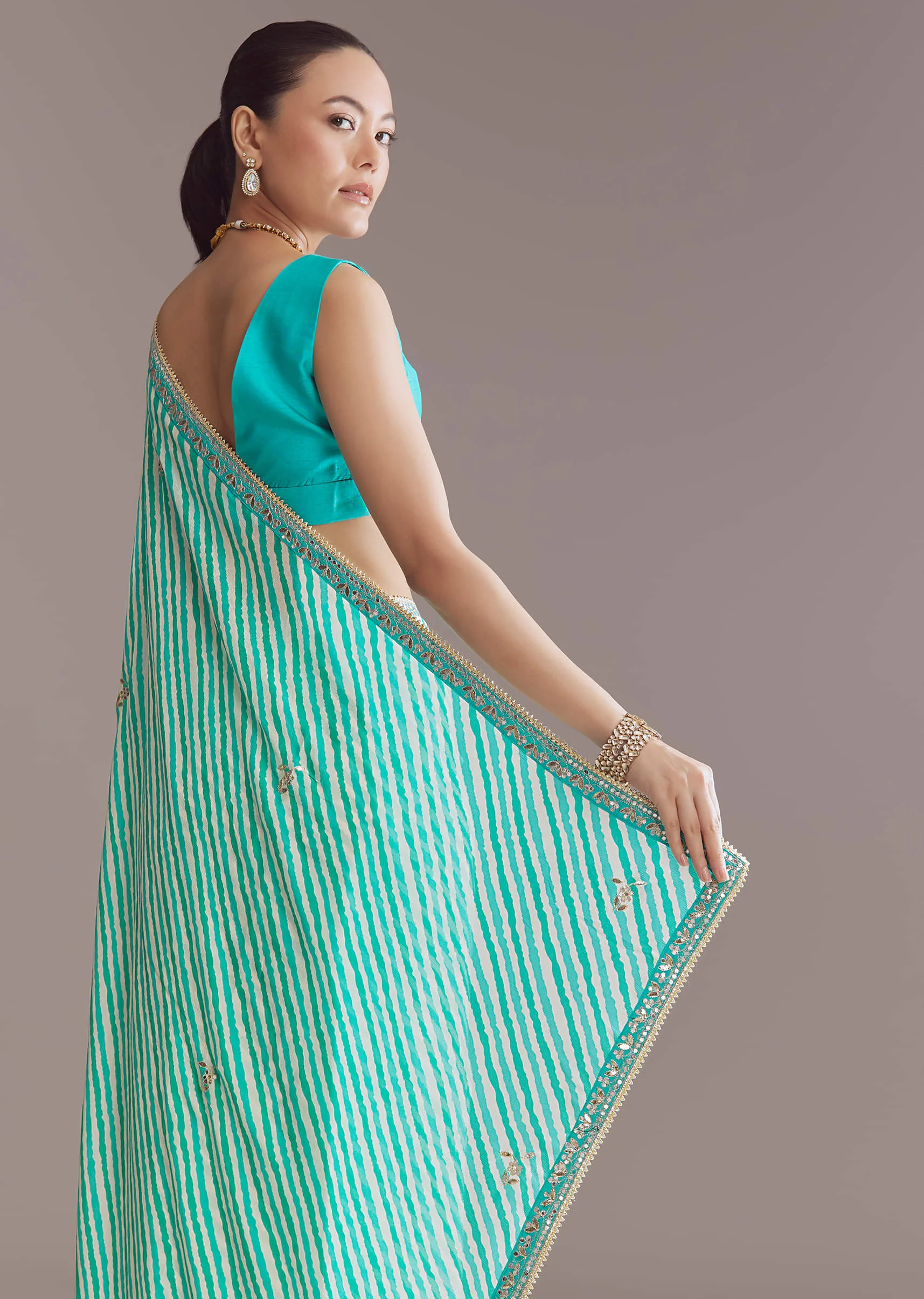 Turquoise Blue Chinon Saree With Leheriya And Gota Work - Image 5