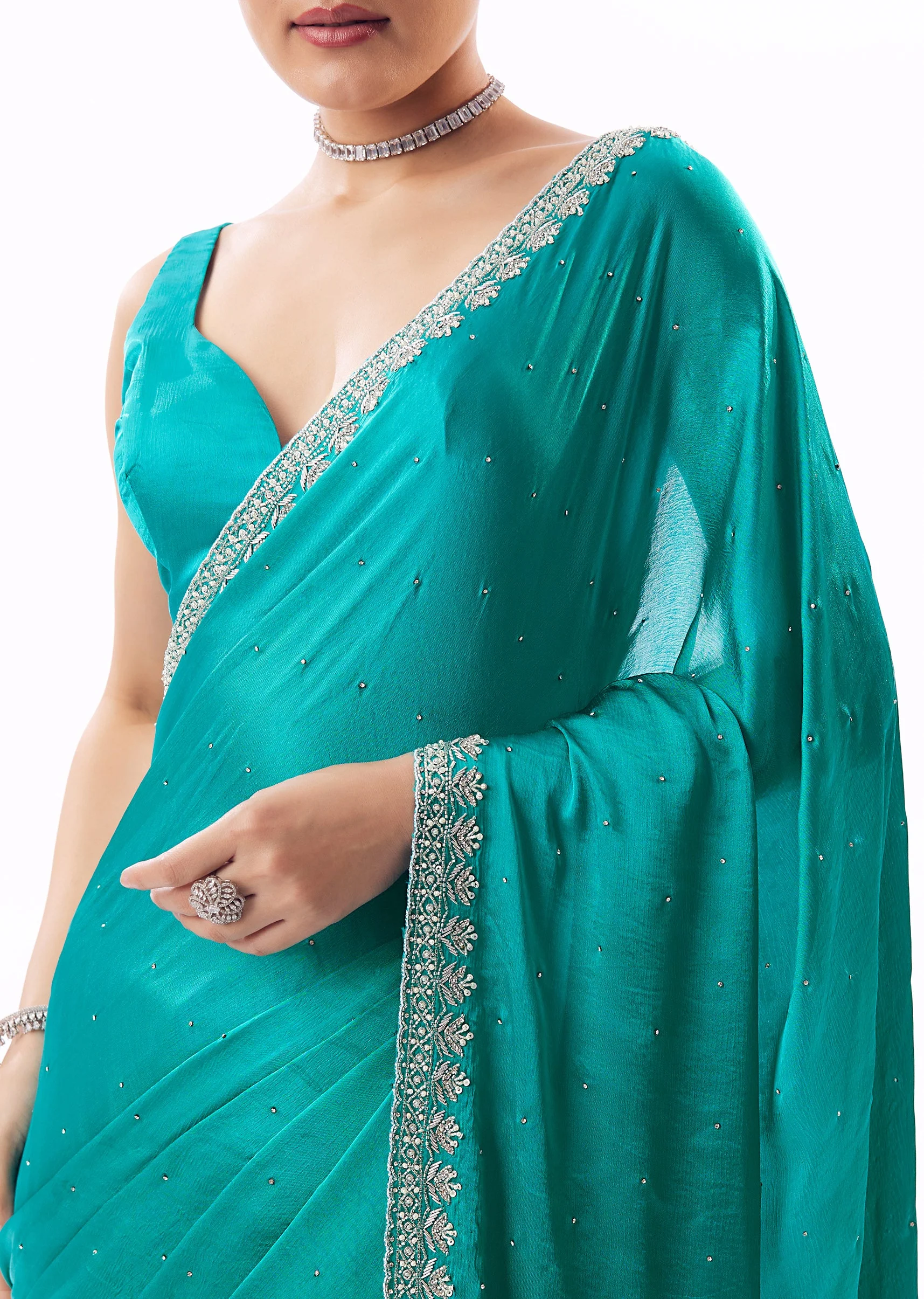 Turquoise Blue Chinon Saree With Stone And Cutdana Embroidered Border - Image 2