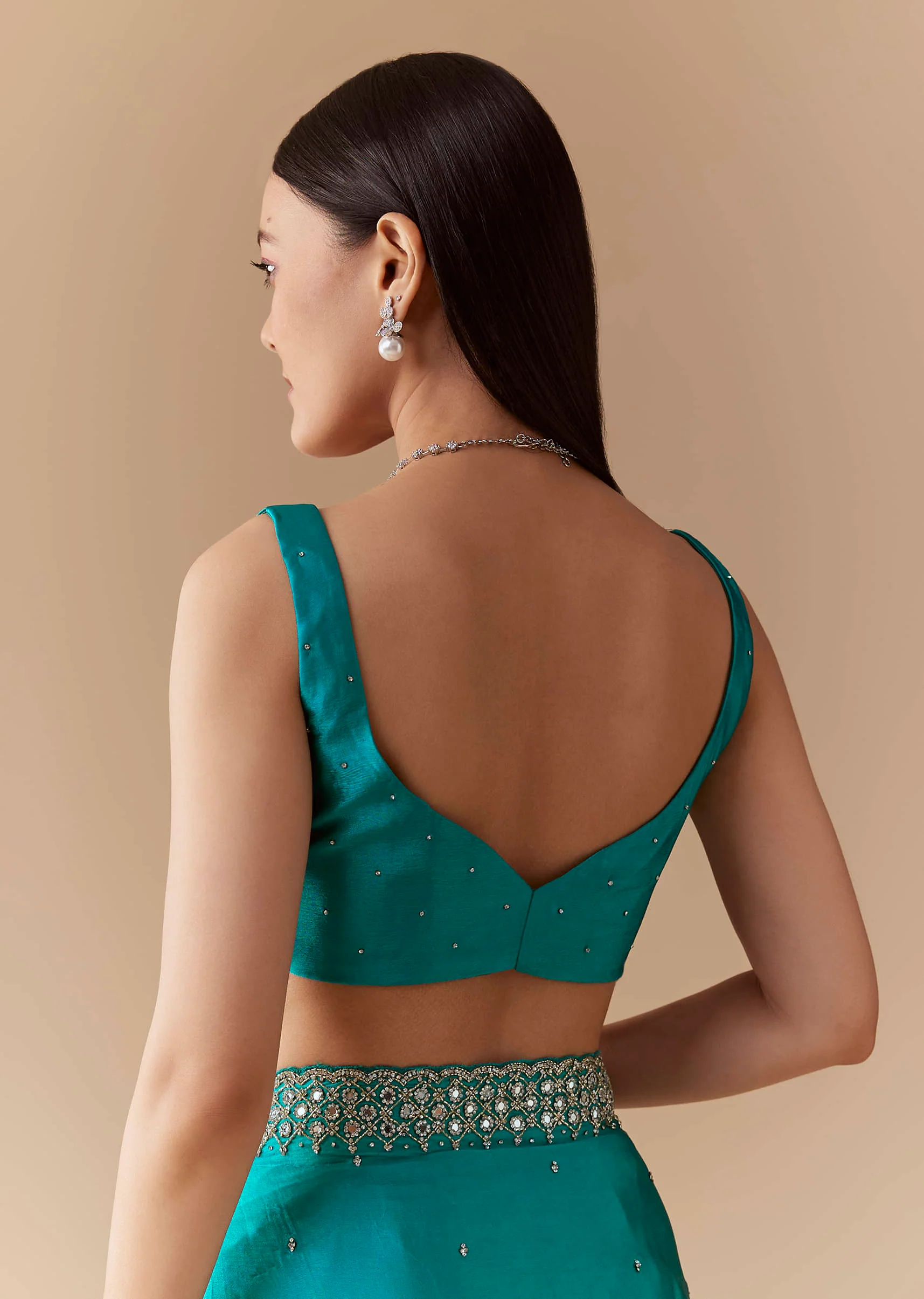 Turquoise Blue Embellished Saree with Unstitched Blouse - Image 8