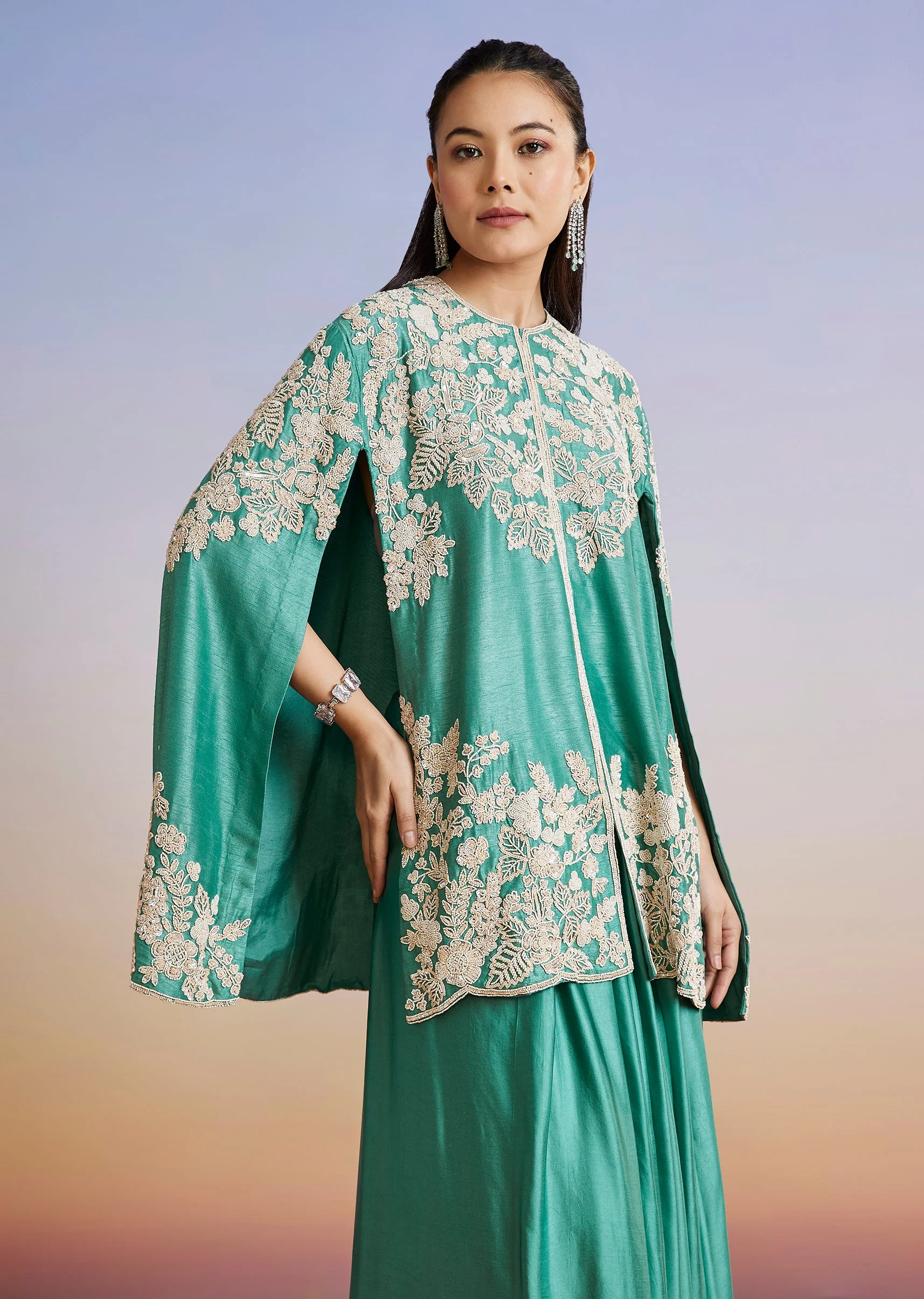 Turquoise Blue Embellished Silk Cape Style Skirt Set - Image 4