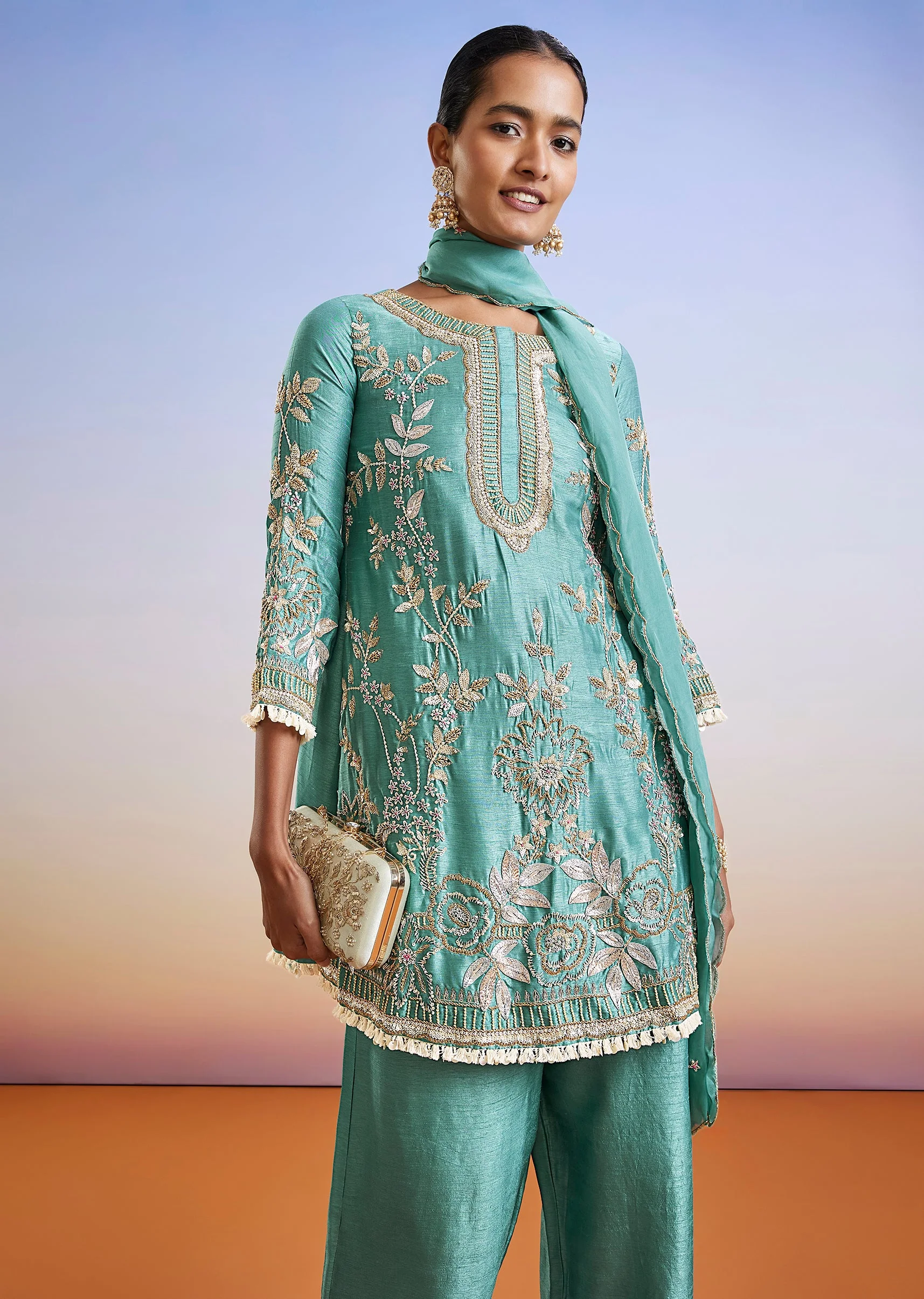 Turquoise Blue Embroidered Silk Palazzo Suit With Dupatta - Image 4