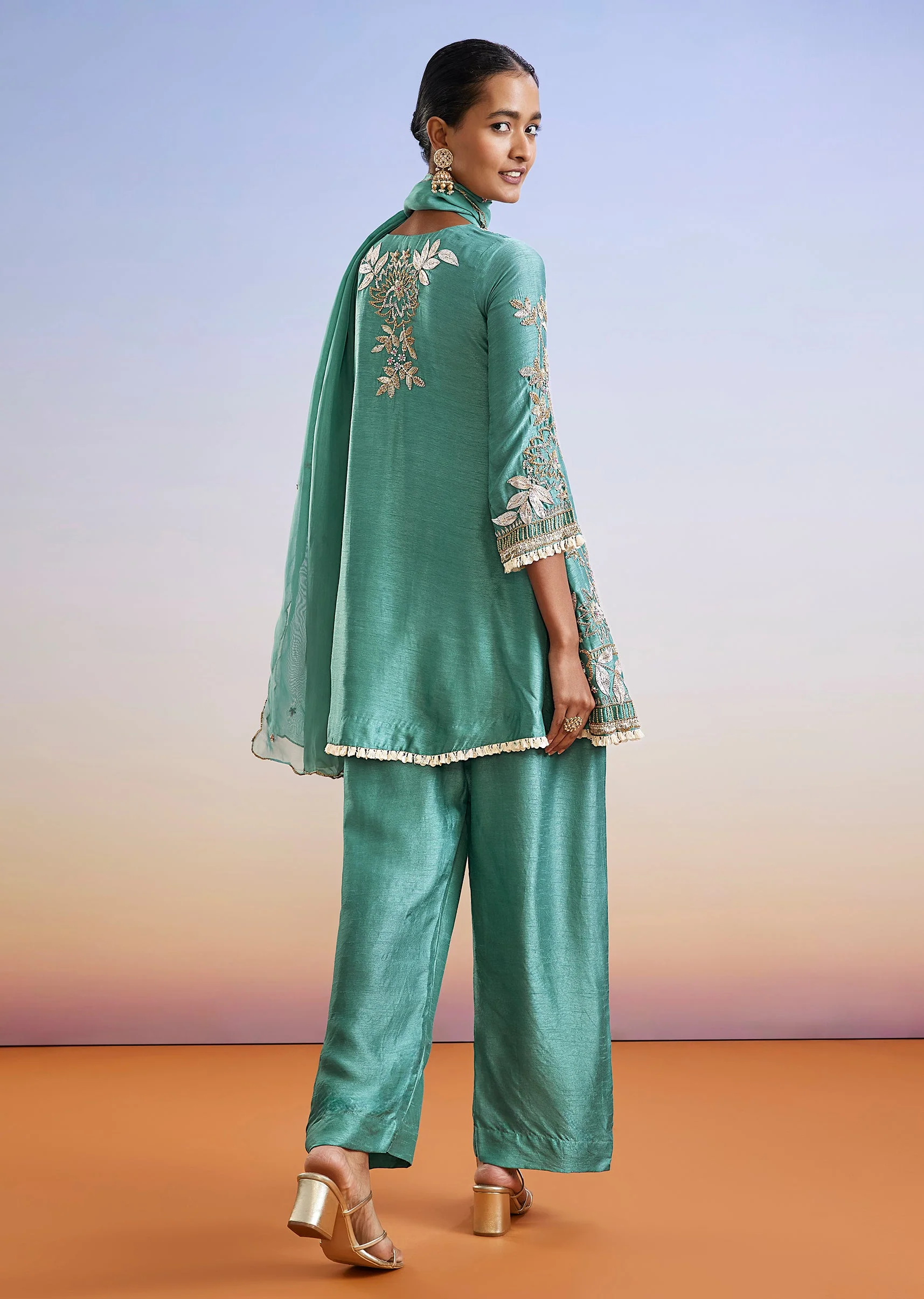 Turquoise Blue Embroidered Silk Palazzo Suit With Dupatta - Image 5