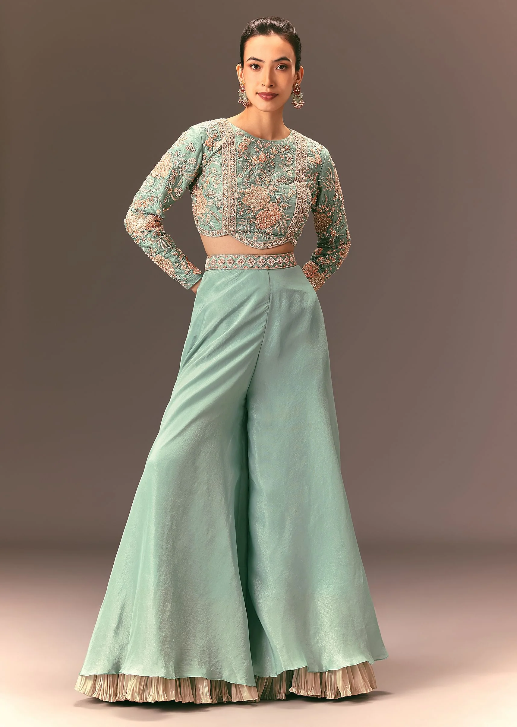 Turquoise Blue Raw Silk Hand Work Palazzo Suit - Image 3