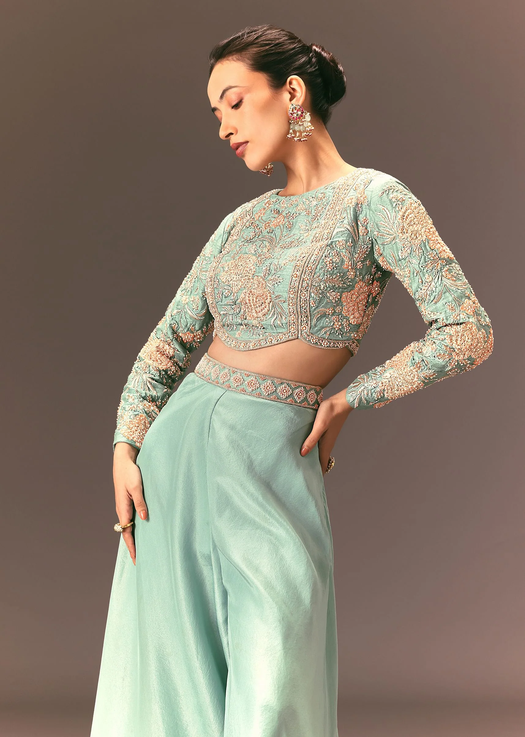 Turquoise Blue Raw Silk Hand Work Palazzo Suit - Image 4