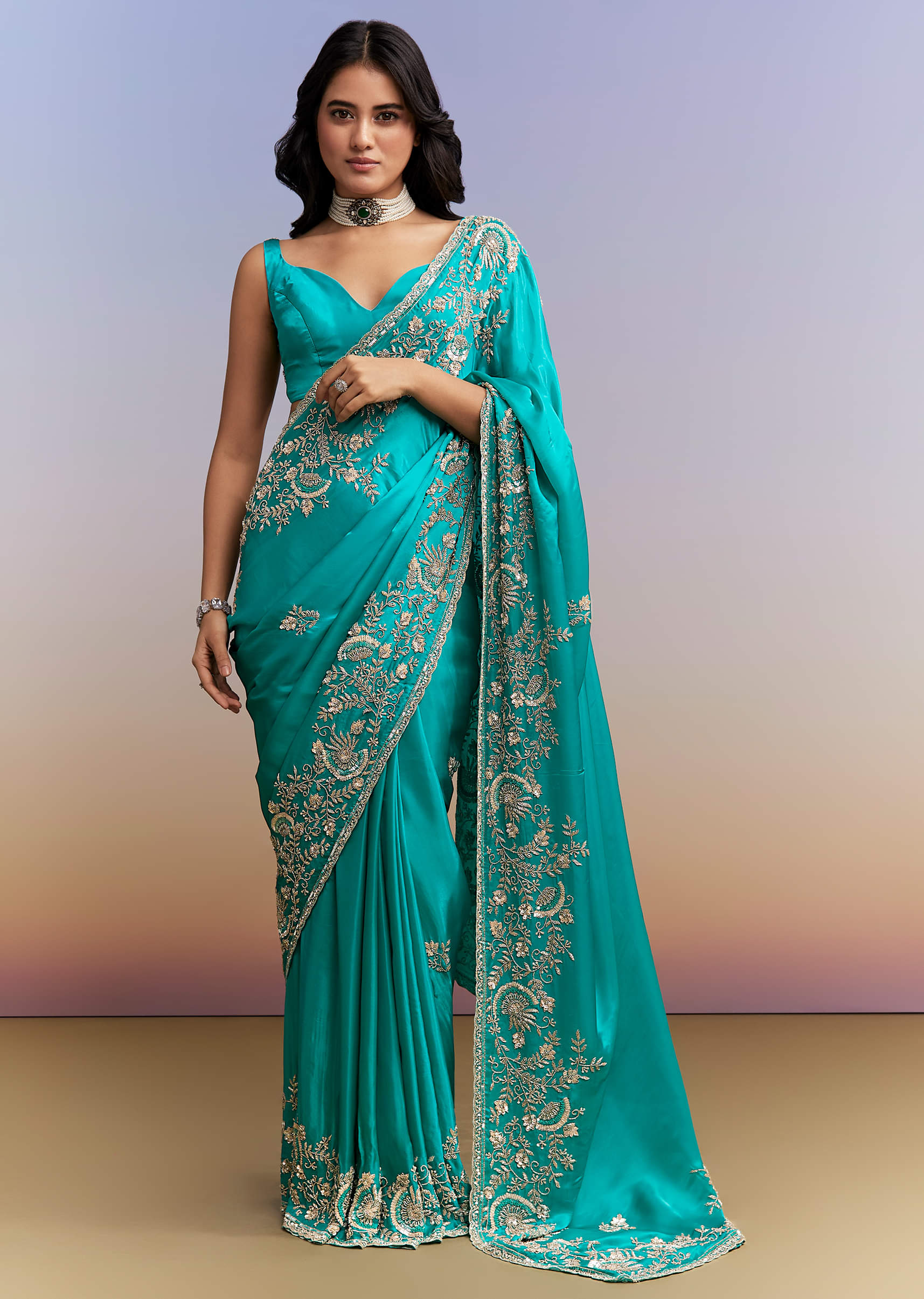Turquoise Blue Satin Saree With Heavy Hand Work - Image 3