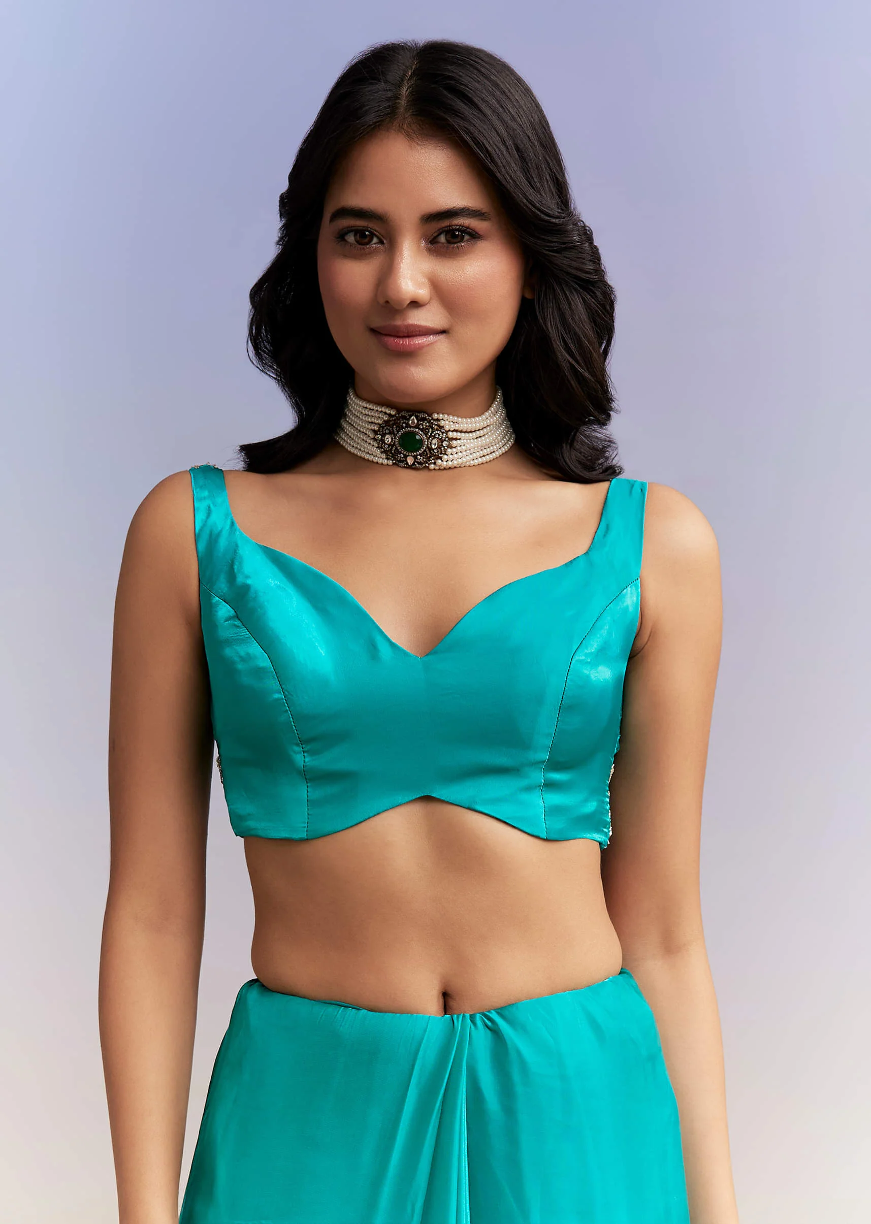 Turquoise Blue Satin Saree With Heavy Hand Work - Image 7