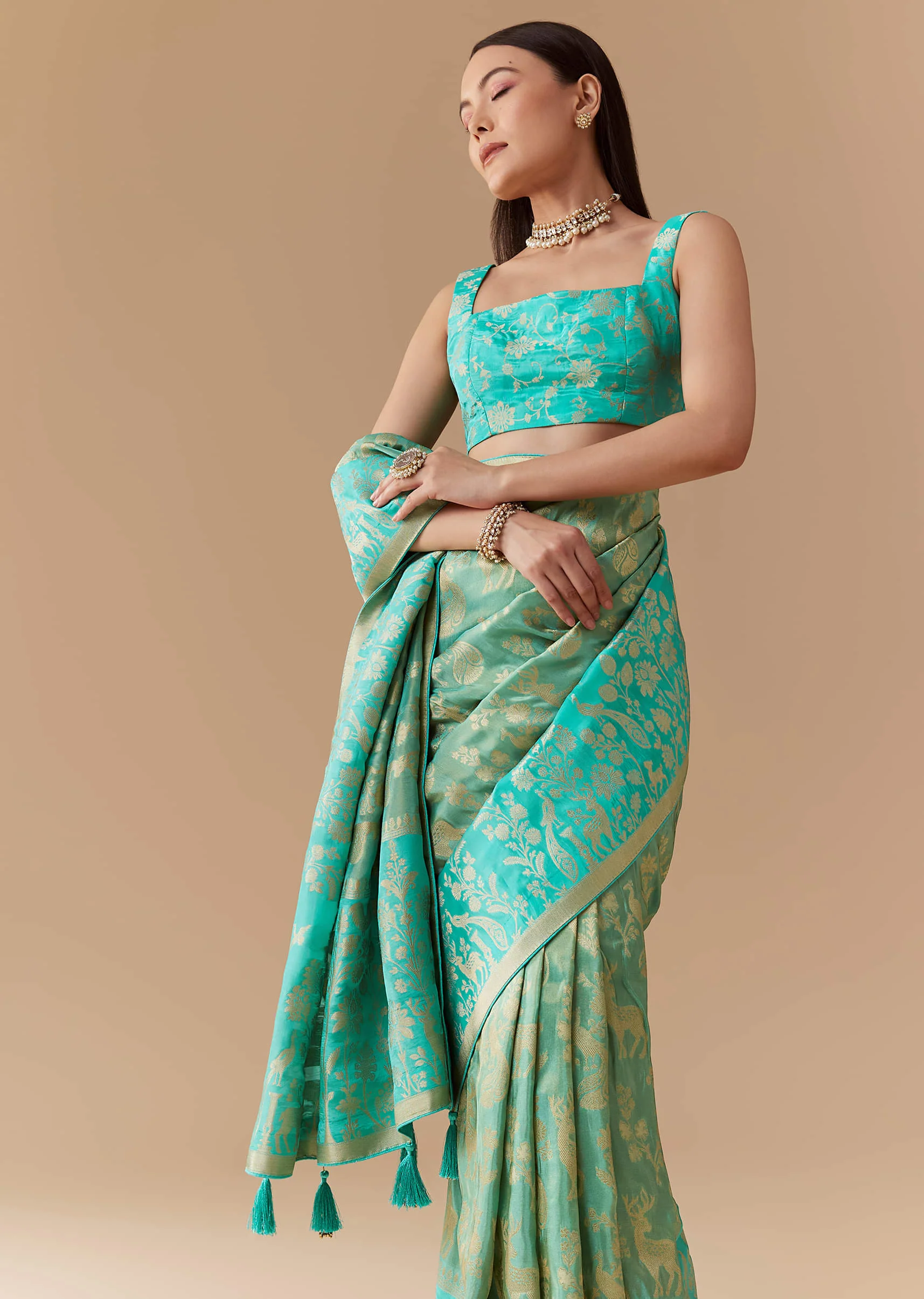Turquoise Blue Zari Weave Silk Saree with Unstitched Blouse - Image 5