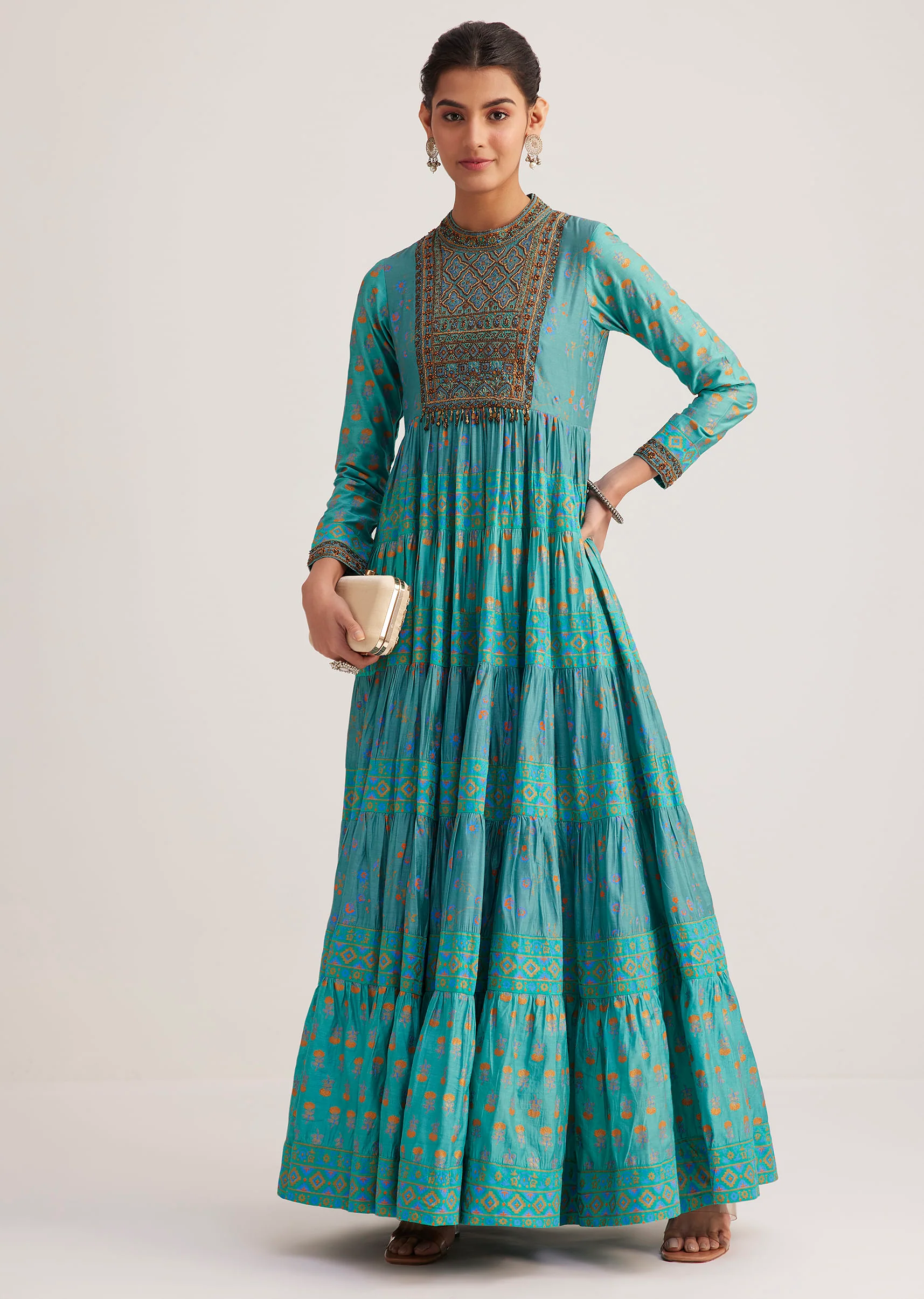 Turquoise Chanderi Kurta With Indie Print - Image 3