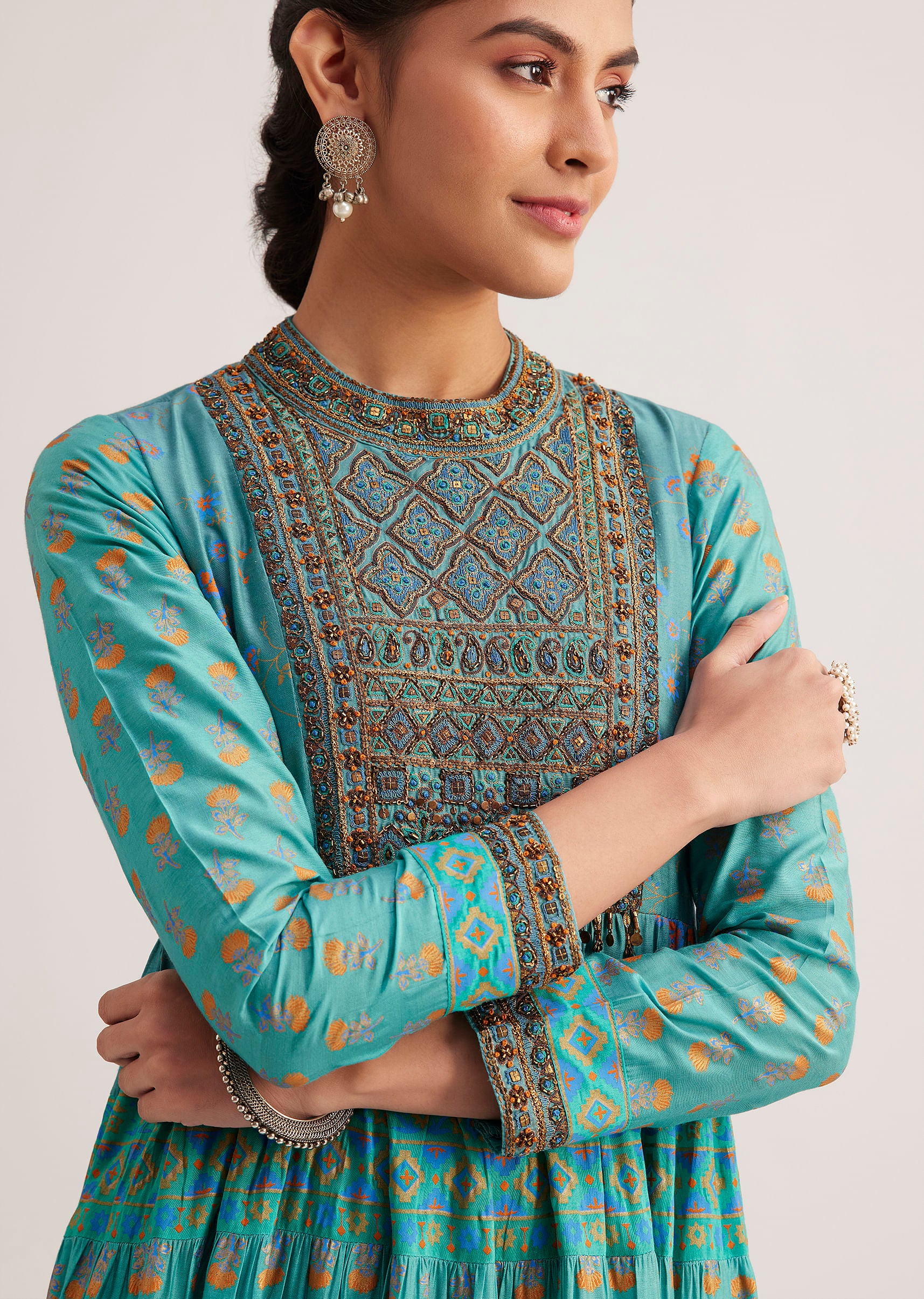 Turquoise Chanderi Kurti With Indie Print - Image 2