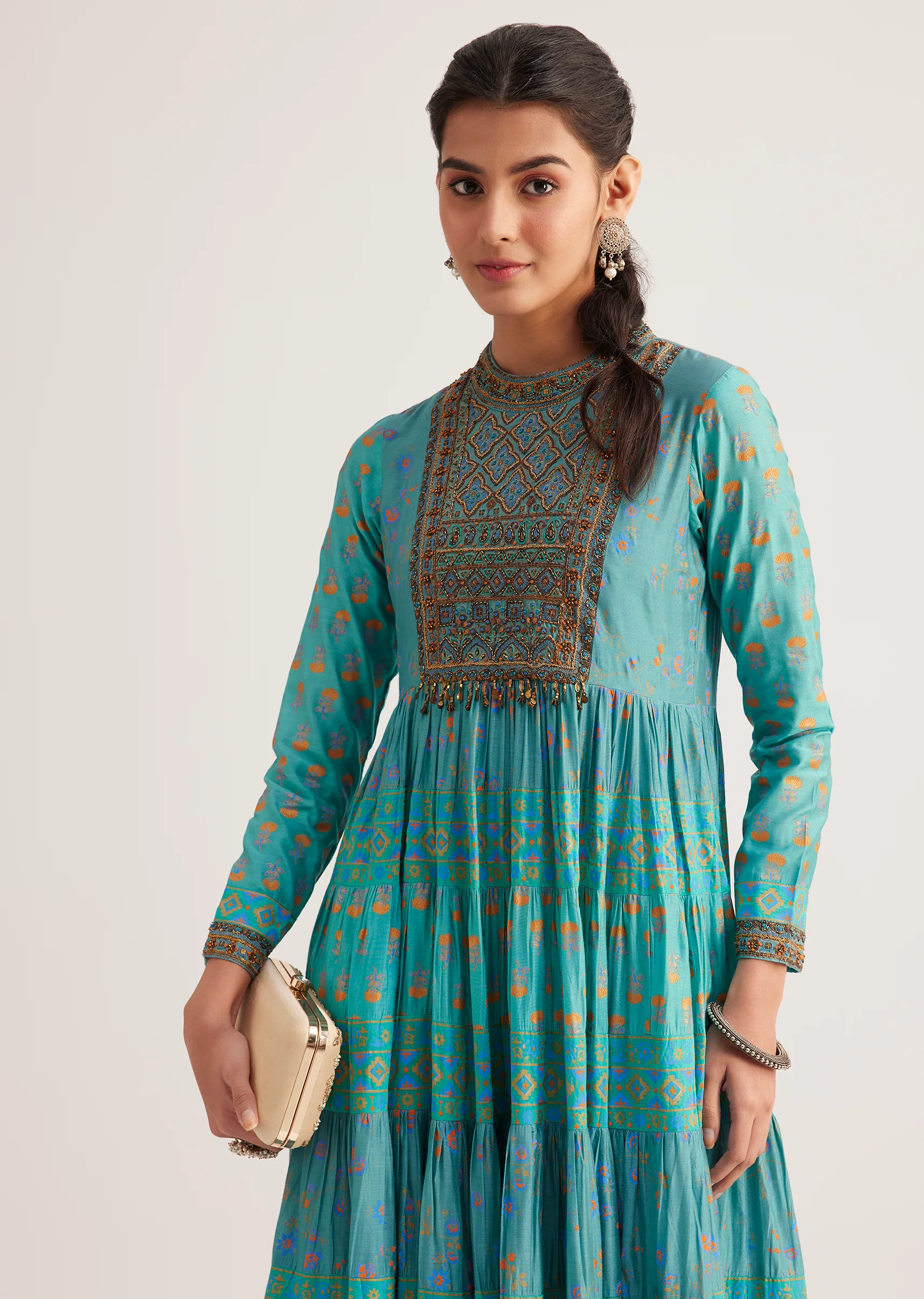 Turquoise Chanderi Kurti With Indie Print - Image 4