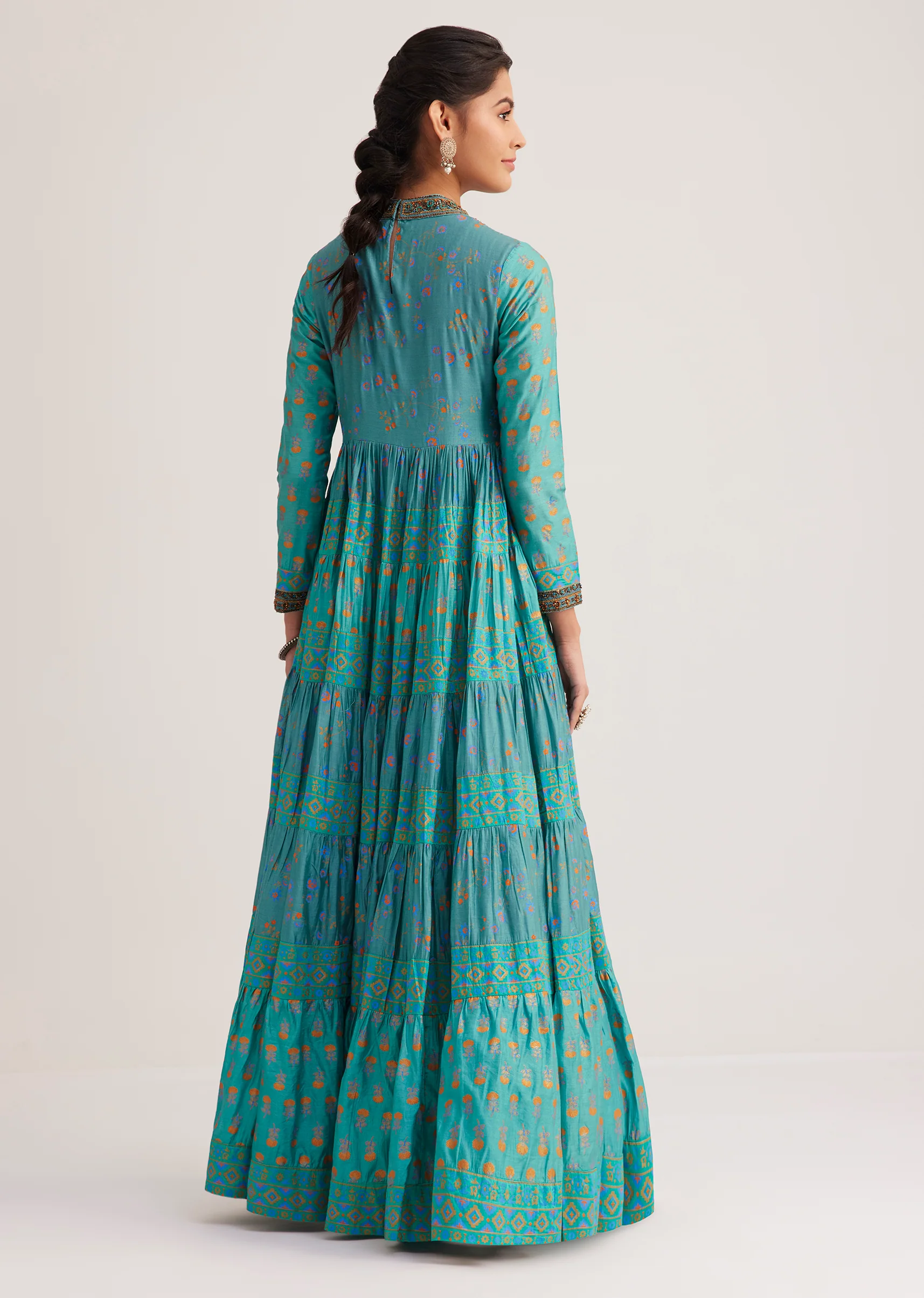 Turquoise Chanderi Kurti With Indie Print - Image 5
