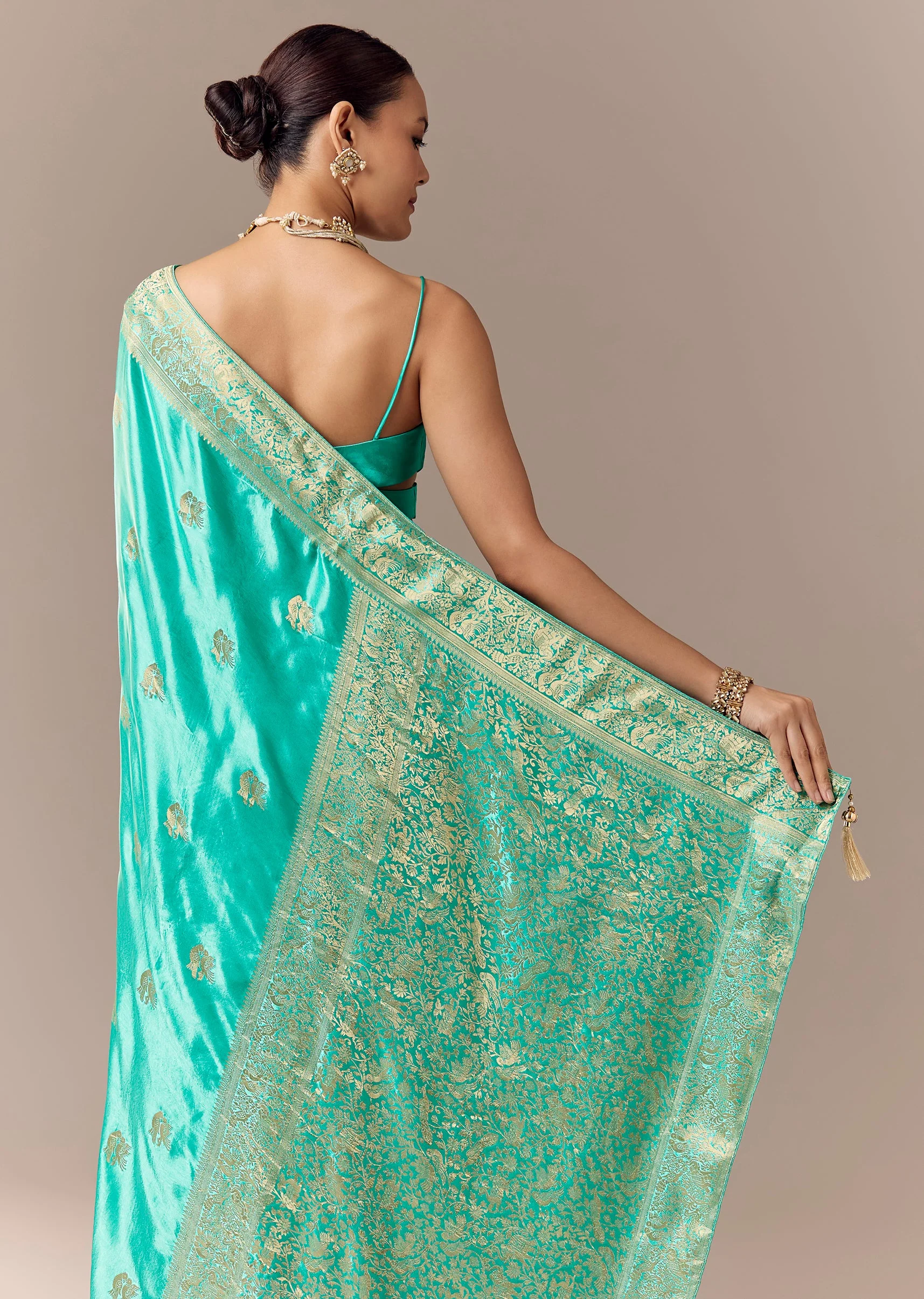 Turquoise Satin Silk Saree with Bird Motif Zari Weave - Image 6