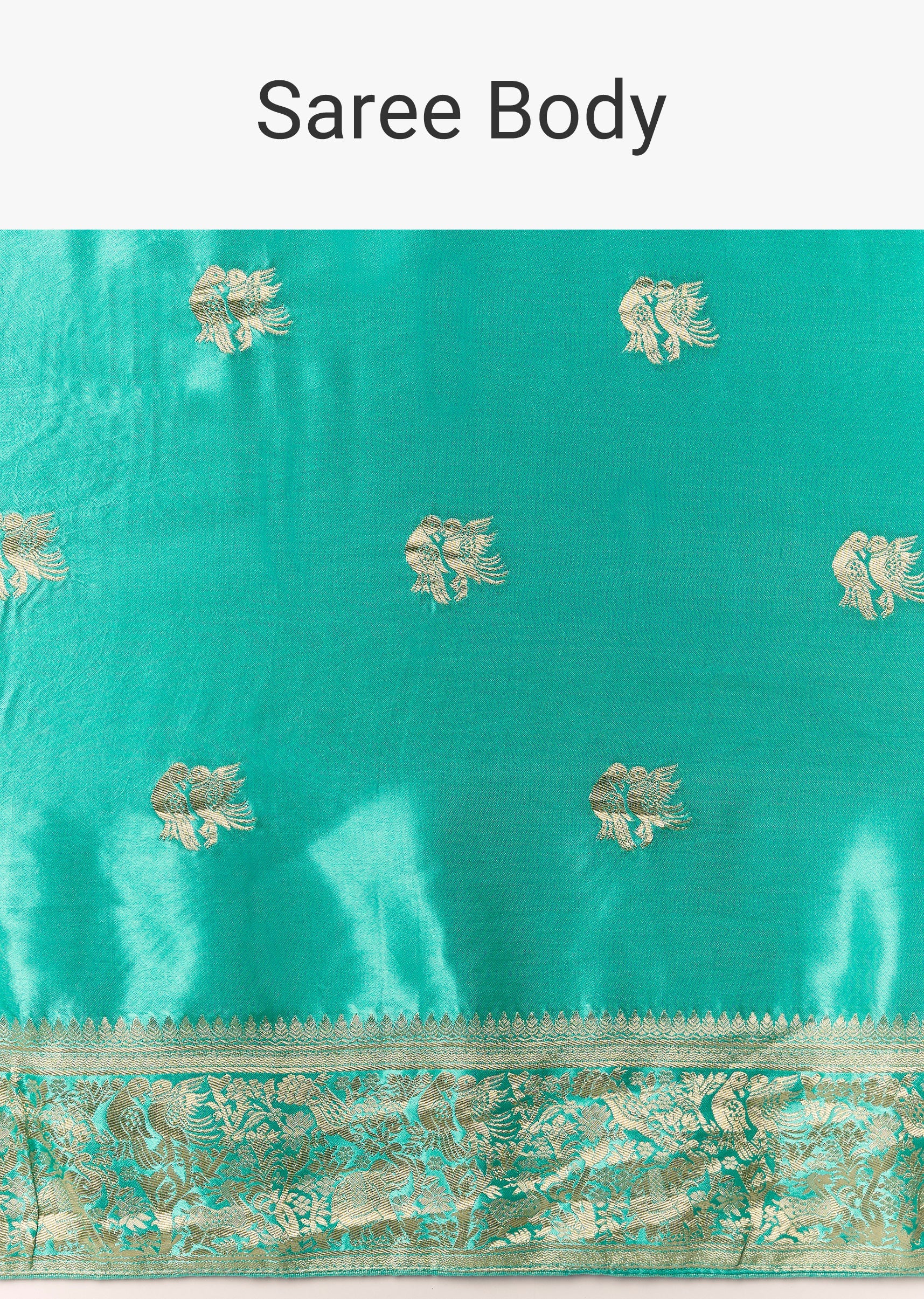 Turquoise Satin Silk Saree with Bird Motif Zari Weave - Image 9