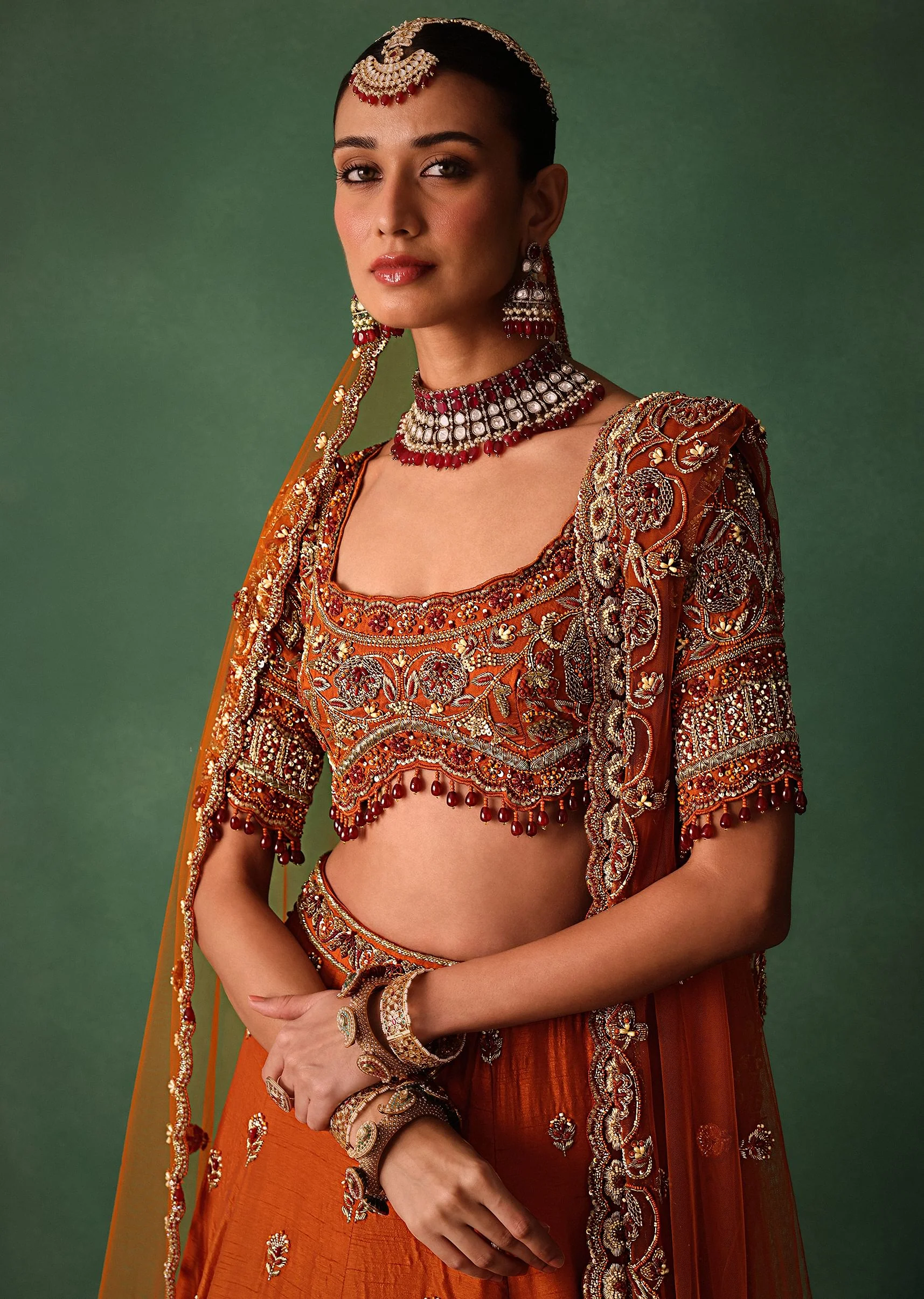 Tussar Orange Embroidered Lehenga With Scoop Neckline Blouse And Dupatta - Image 2