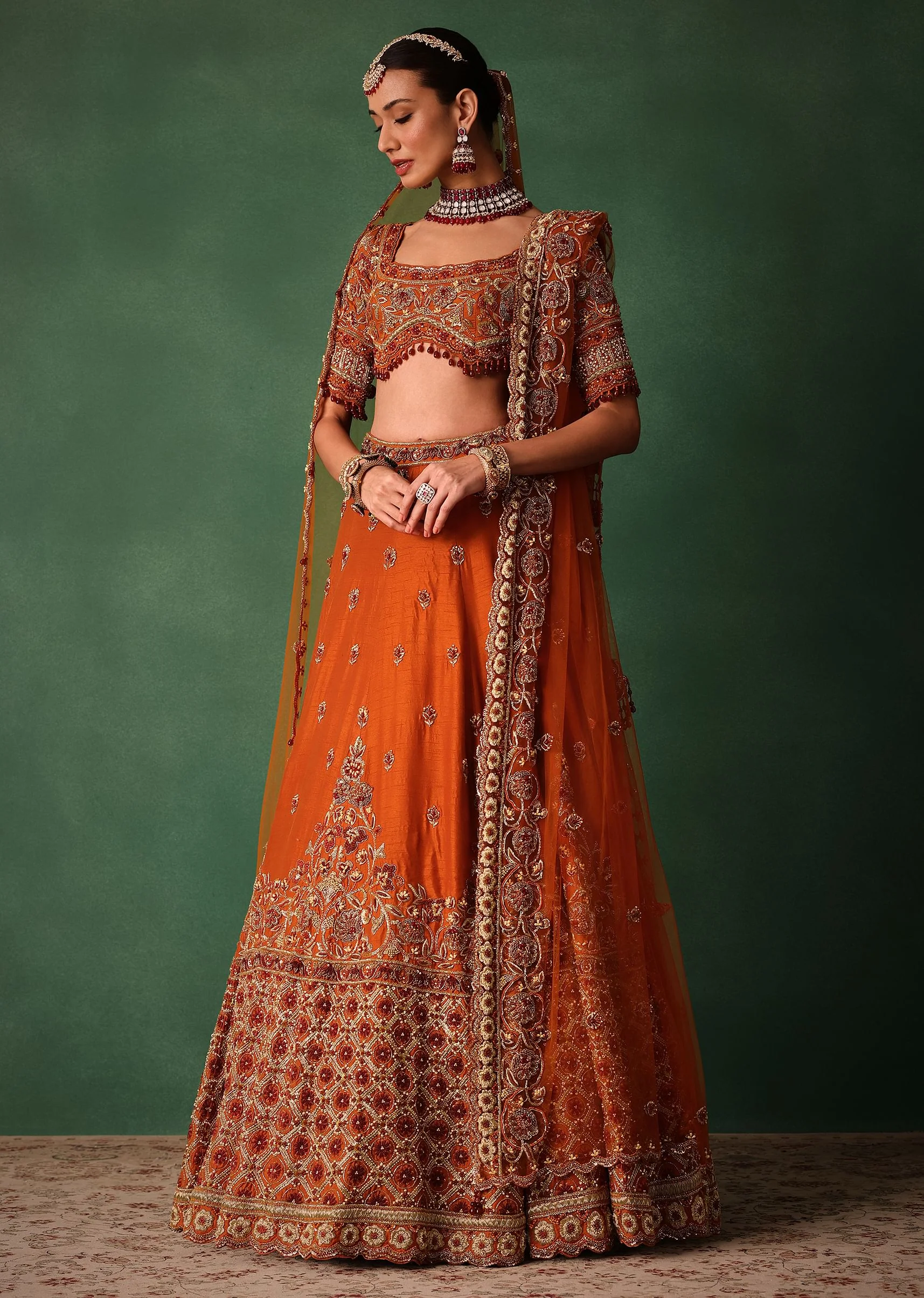 Tussar Orange Embroidered Lehenga With Scoop Neckline Blouse And Dupatta - Image 3