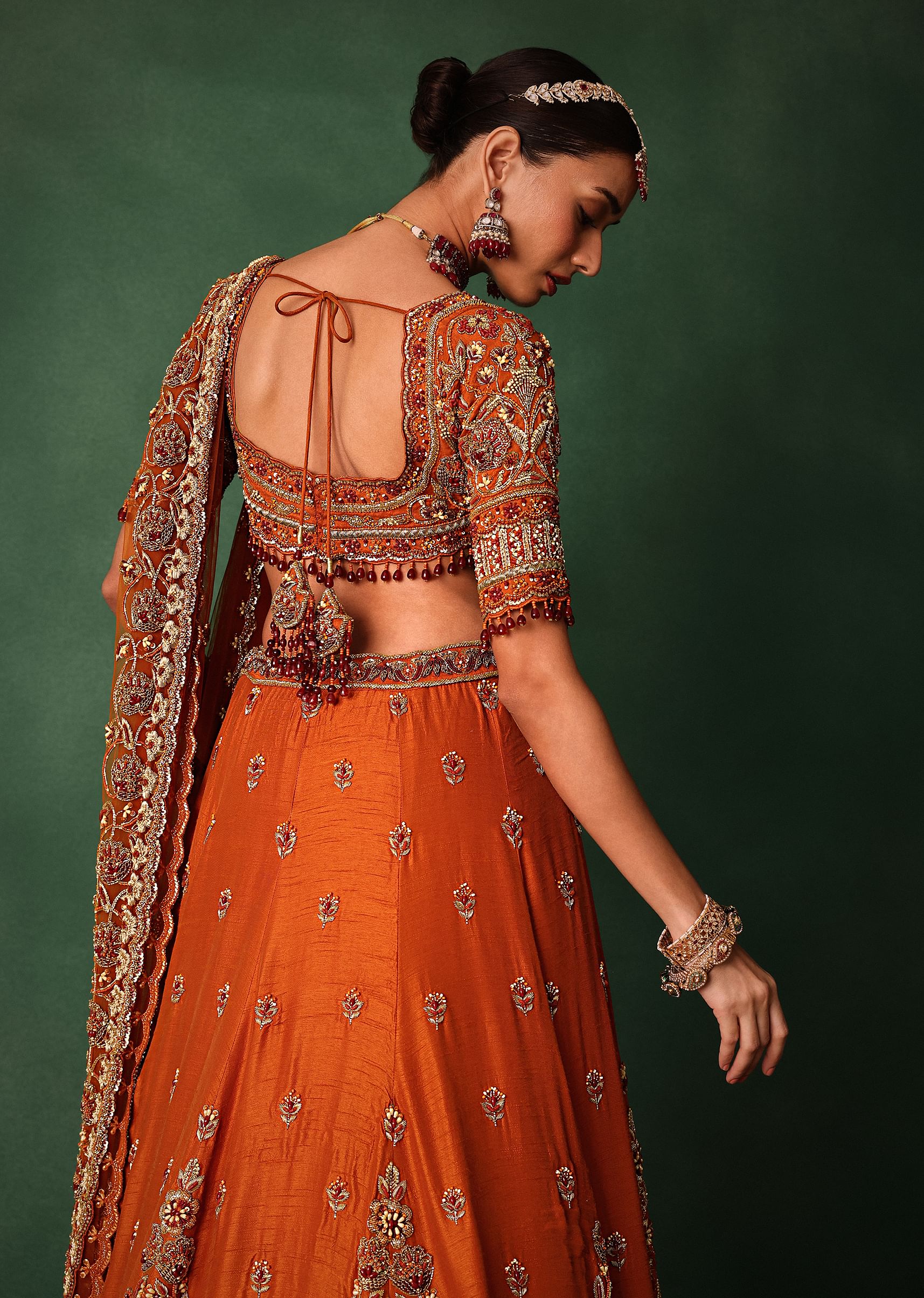 Tussar Orange Embroidered Lehenga With Scoop Neckline Blouse And Dupatta - Image 4