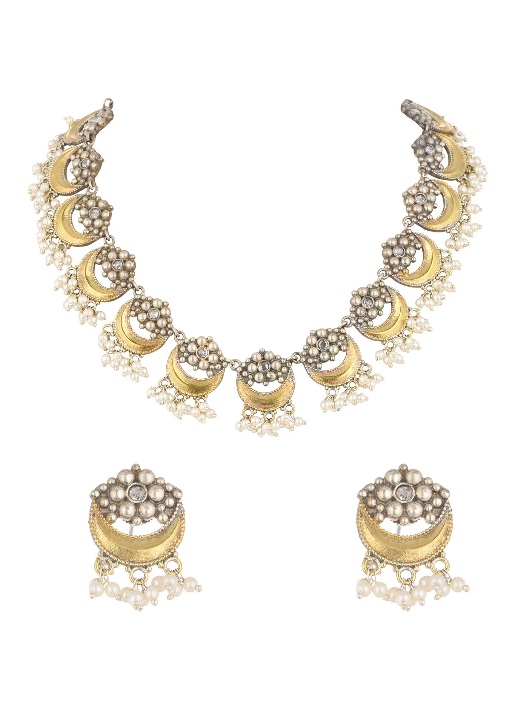 Two Tone Finish Oxidised Short Necklace And Earring Set - Image 5