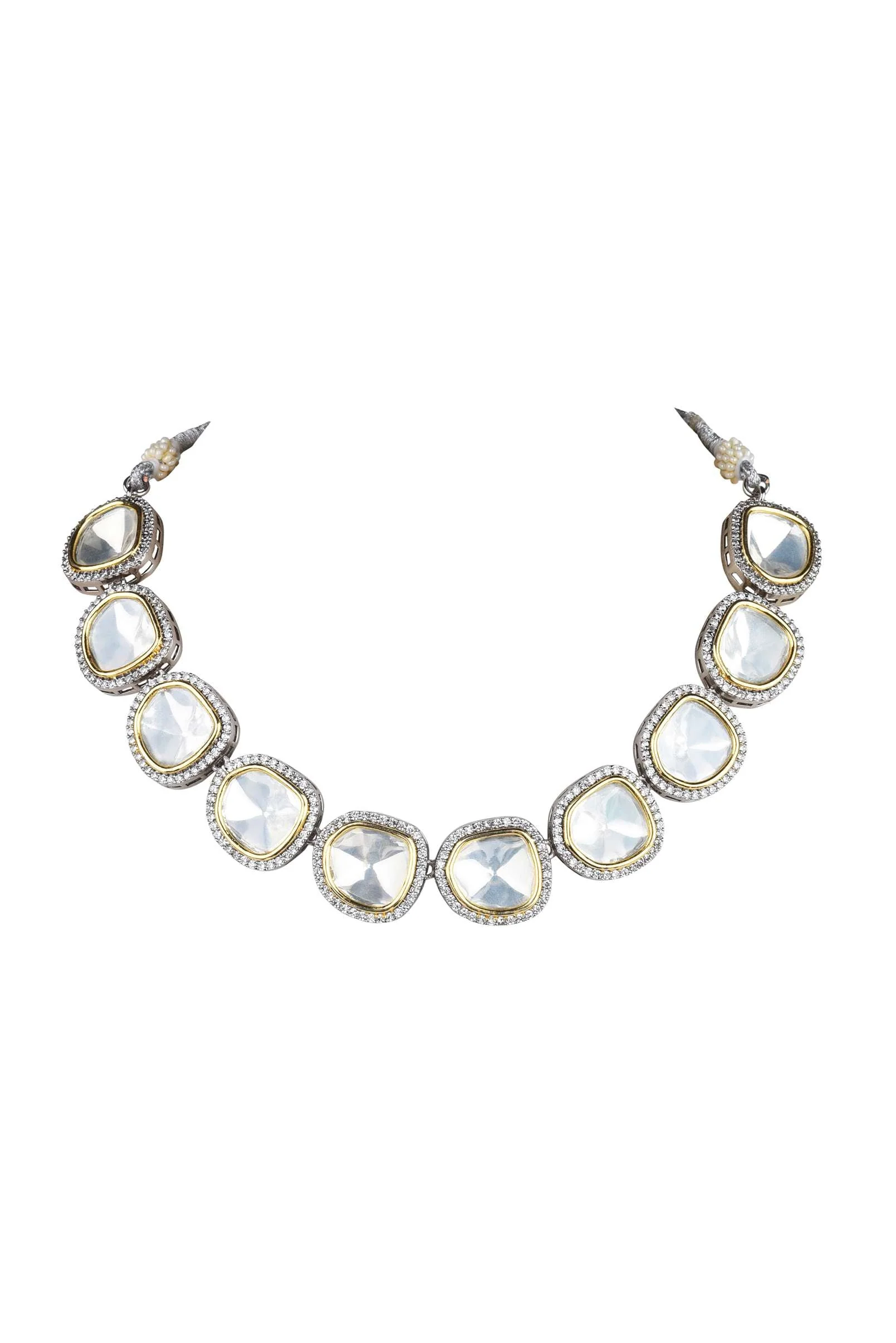 Two Tone Moissanite Kundan Short Necklace Set - Image 7