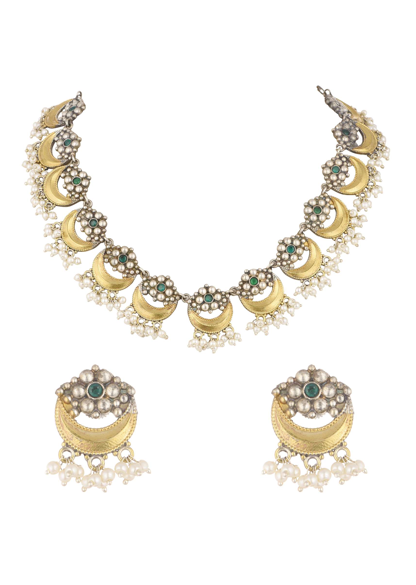 Two Tone Oxidised Necklace And Earrings Set With Pearls - Image 6