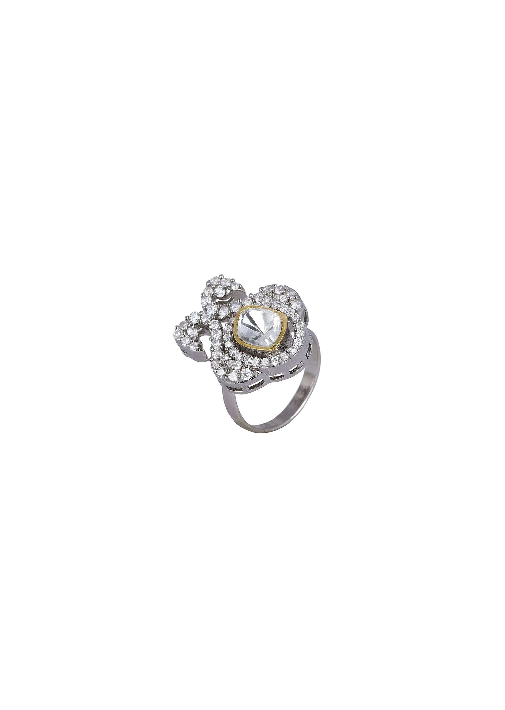 Two Tone Ring With Uncut Polki And White Zirconia