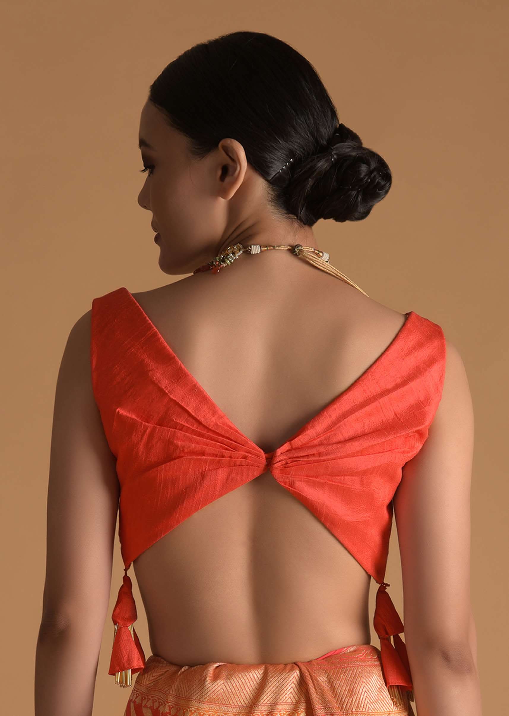 Vermillion Orange Blouse In Raw Silk With Pleat Details On The Front And Back Along With Tassels On The Sides - Image 2