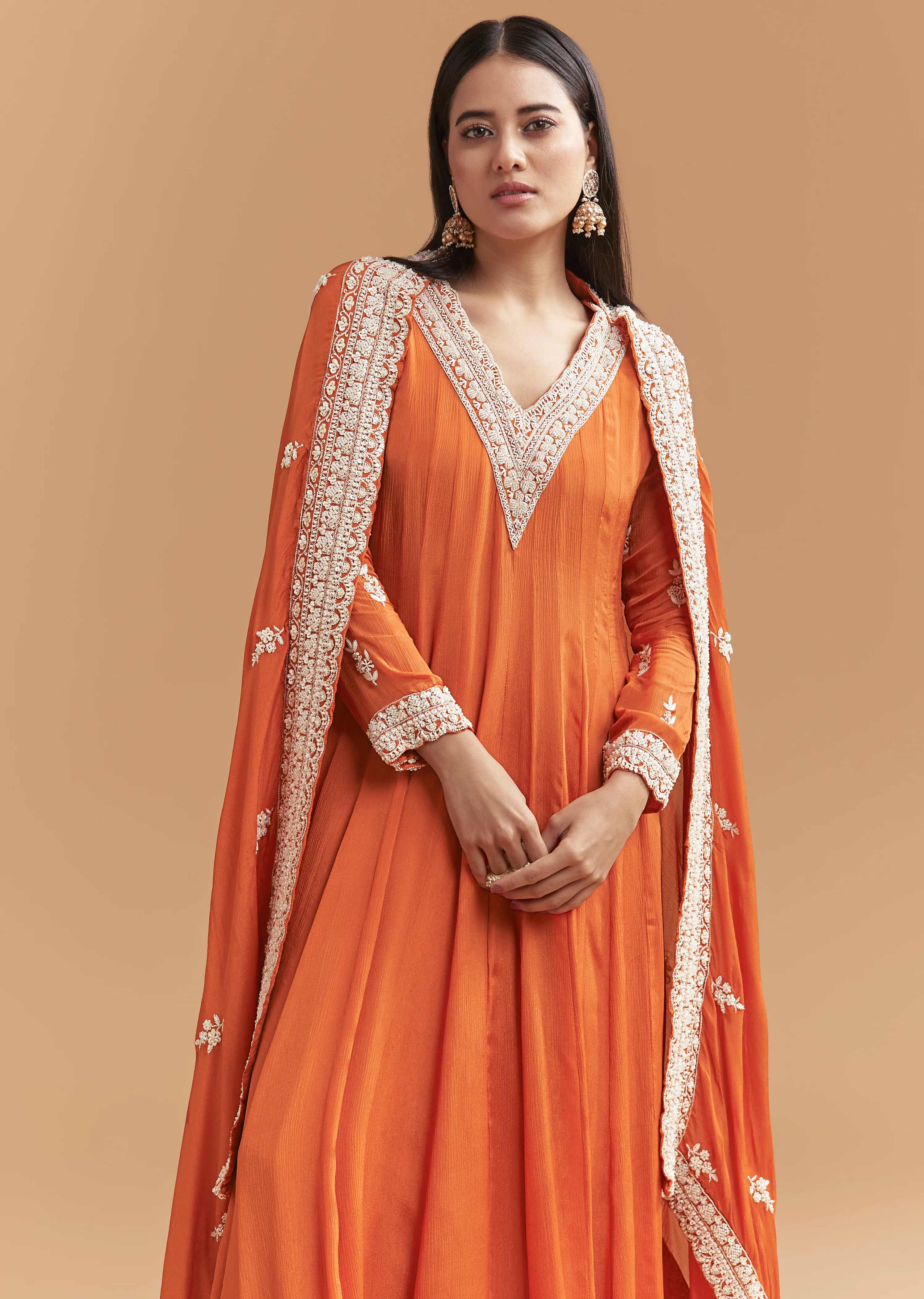 Vibrant Celebration Couple Set – Orange Chinon Hand-Embroidered Anarkali for Her And Orange Silk Kurta Jacket Set with Zardosi Work for Him - Image 4