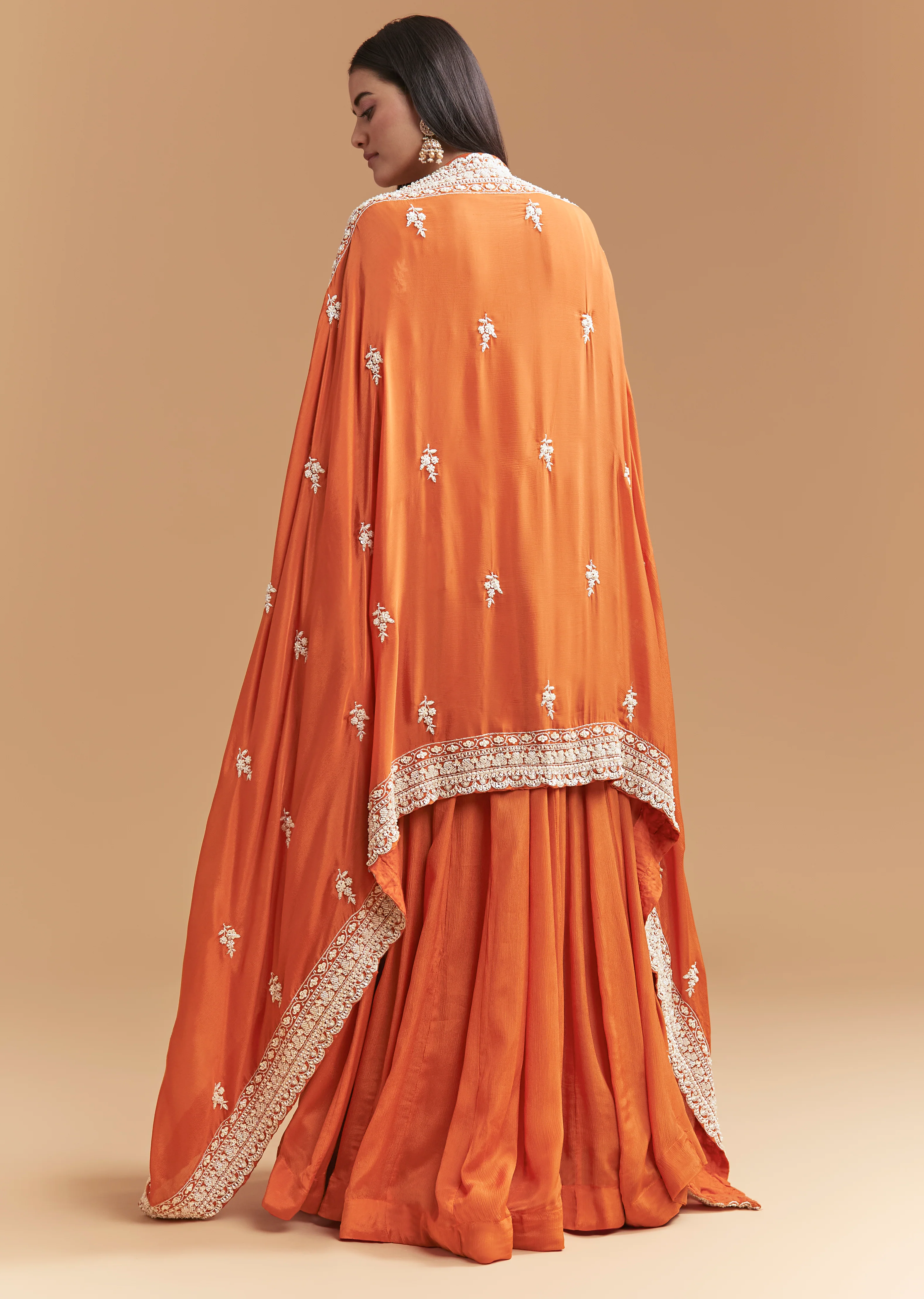 Vibrant Celebration Couple Set – Orange Chinon Hand-Embroidered Anarkali for Her And Orange Silk Kurta Jacket Set with Zardosi Work for Him - Image 5