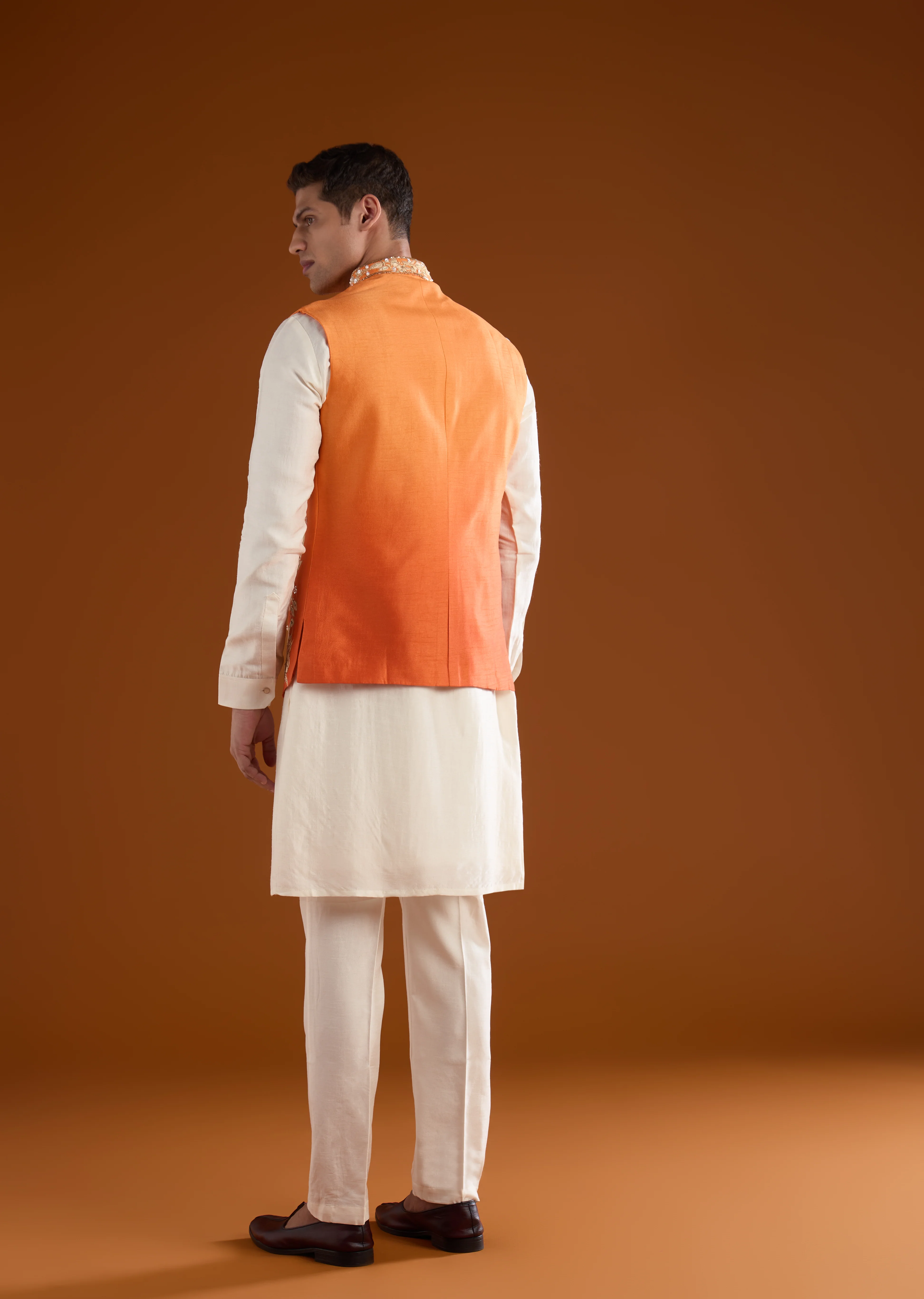 Vibrant Celebration Couple Set – Orange Chinon Hand-Embroidered Anarkali for Her And Orange Silk Kurta Jacket Set with Zardosi Work for Him - Image 9