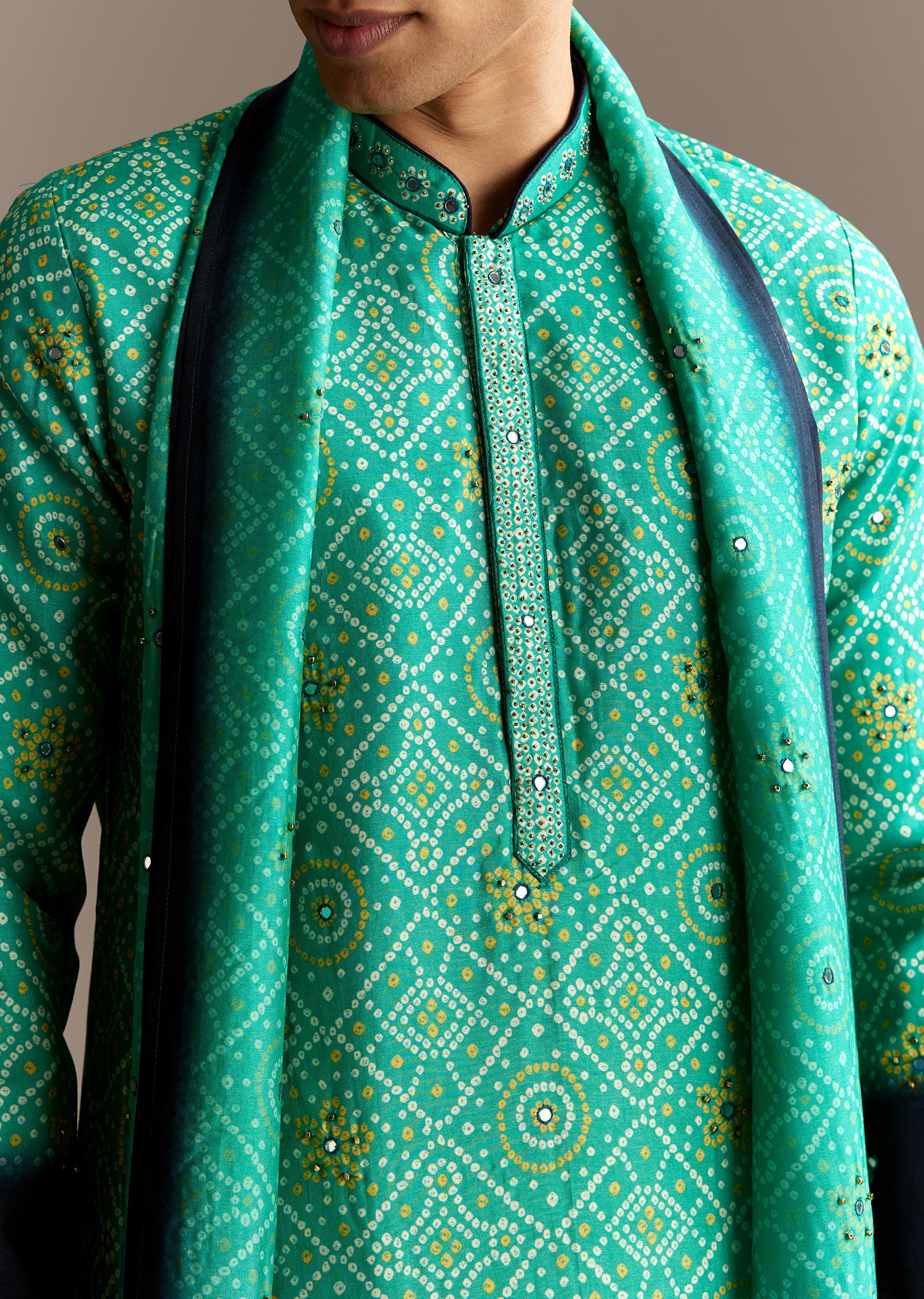 Vibrant Ombre Couple Set – Green Satin Ombre Saree With Gota Patti Embroidery For Her And Green Bandhani Kurta Set With Dupatta For Him - Image 13