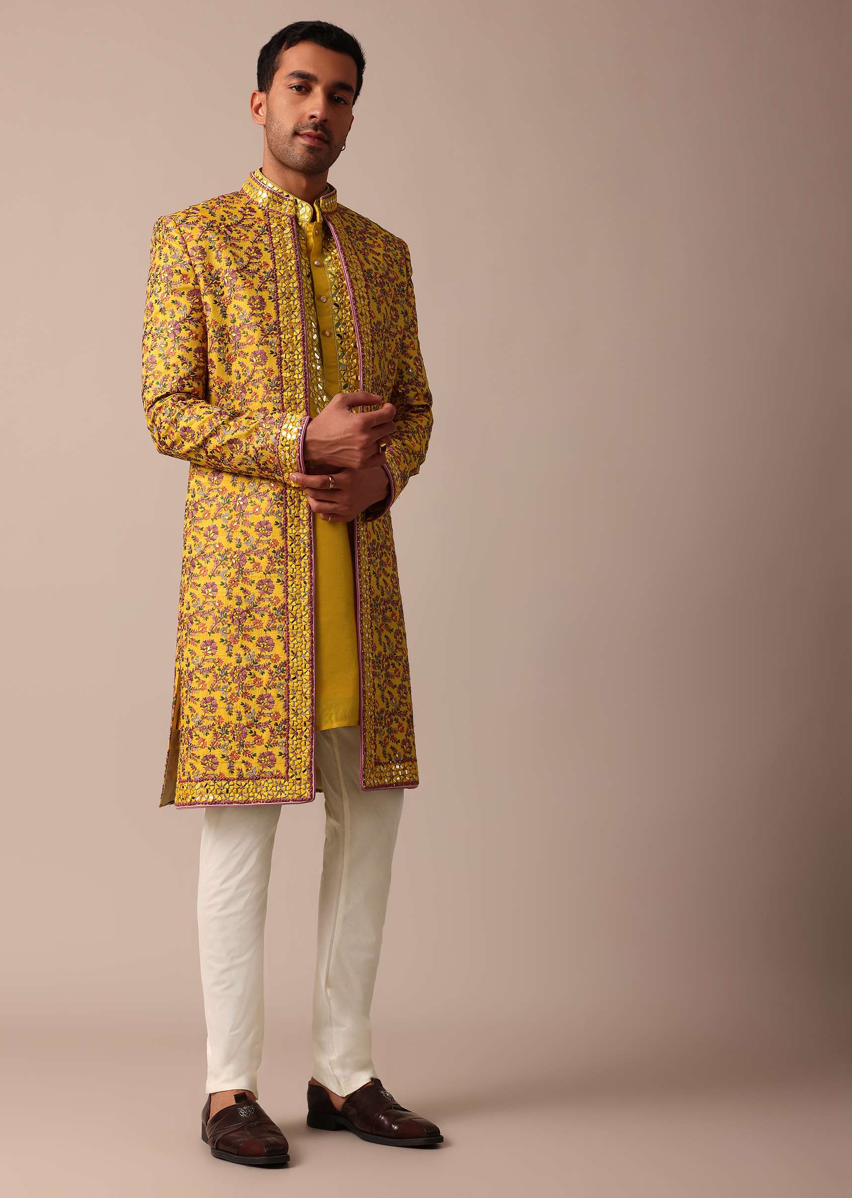 Vibrant Yellow Silk Embroidered Sherwani Set - Image 3