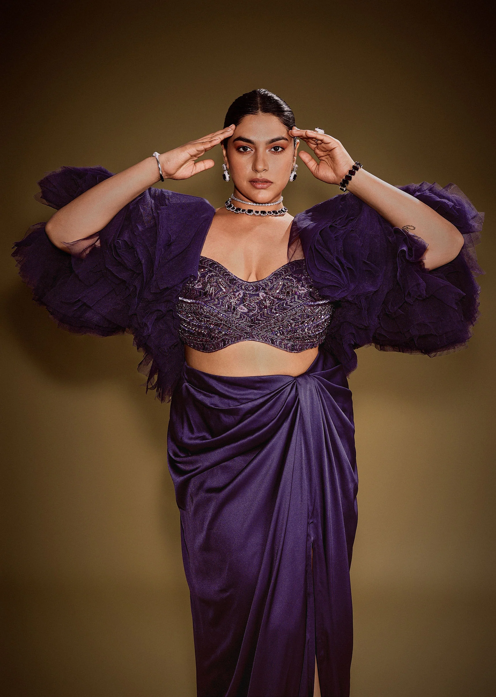 Violet Drape Skirt Set With Sleeveless Blouse And Ruffle Jacket